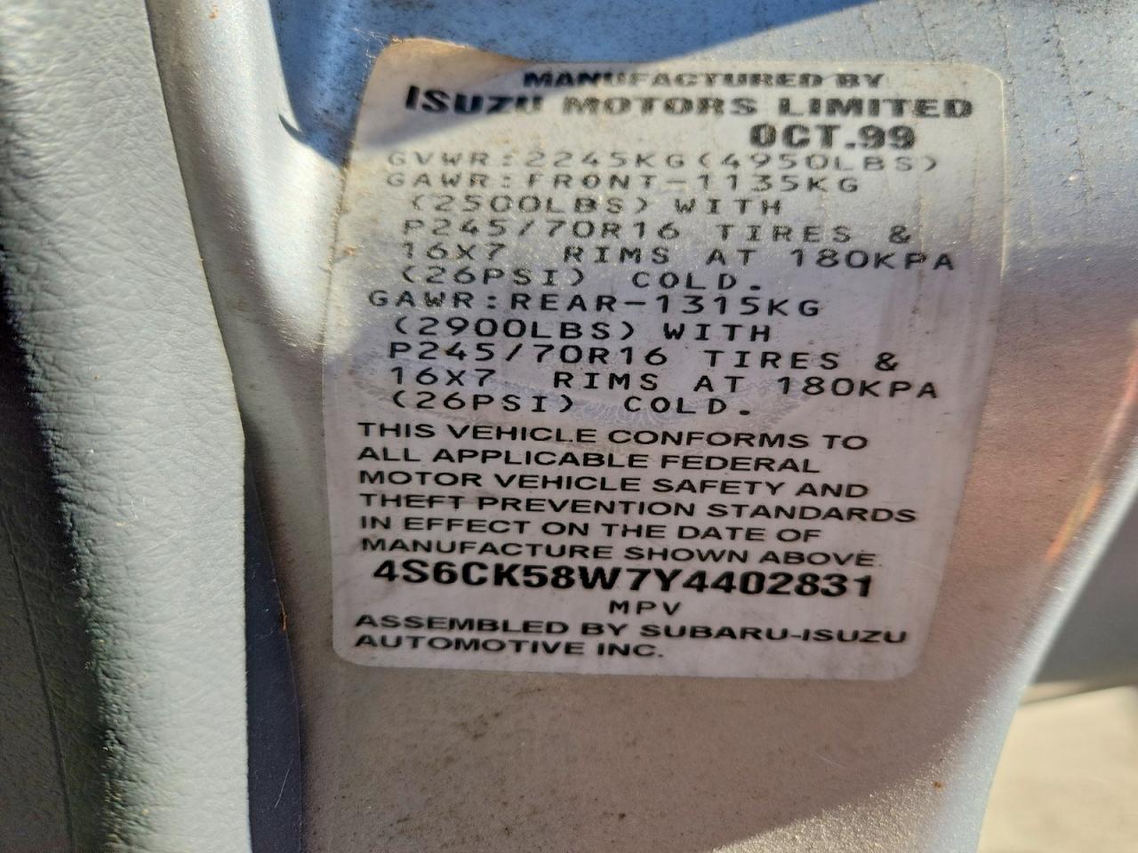 2000 Honda Passport Ex Silver vin: 4S6CK58W7Y4402831