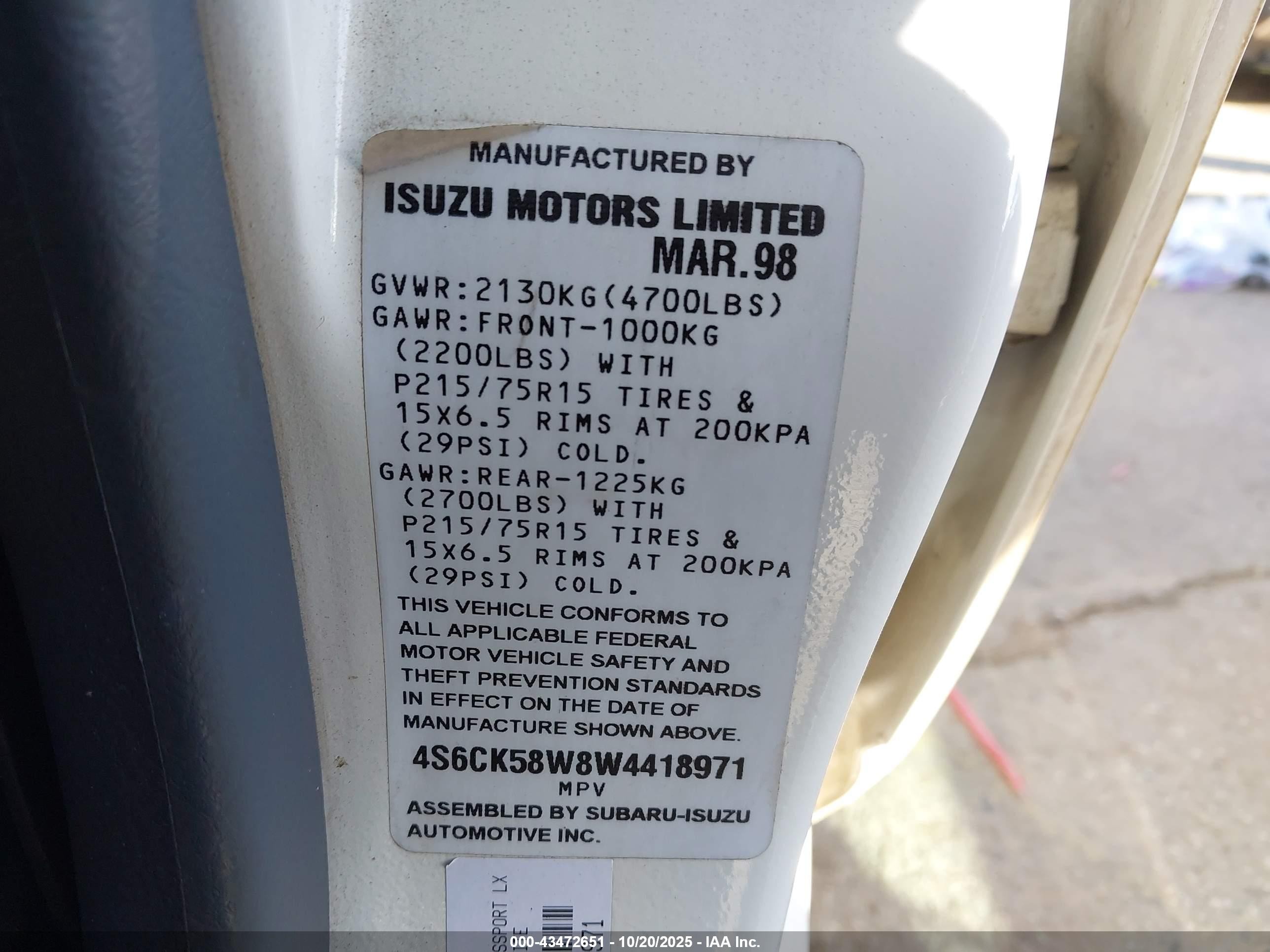 1998 Honda Passport Ex/lx White vin: 4S6CK58W8W4418971