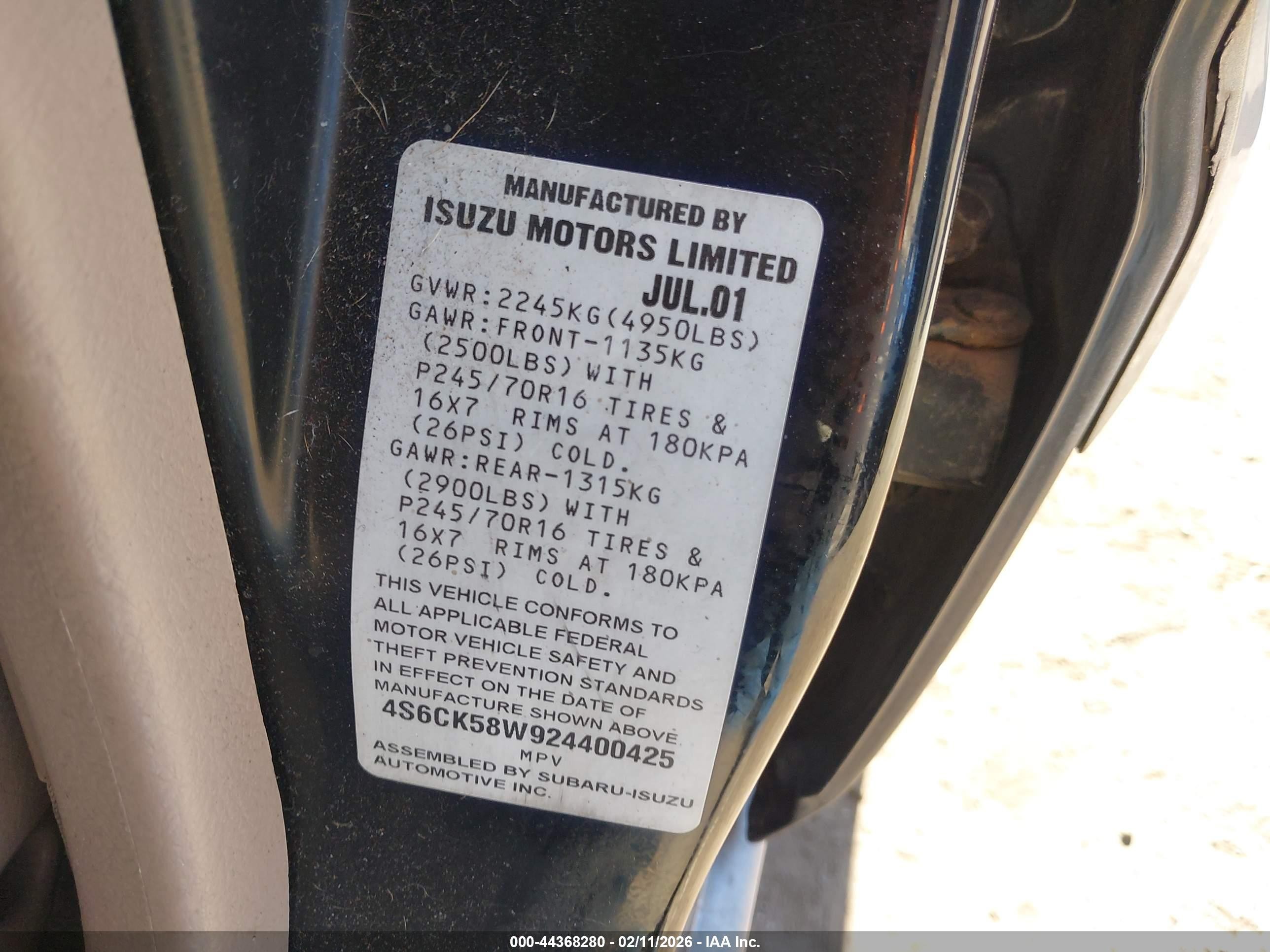 2002 Honda Passport Ex/lx Black vin: 4S6CK58W924400425