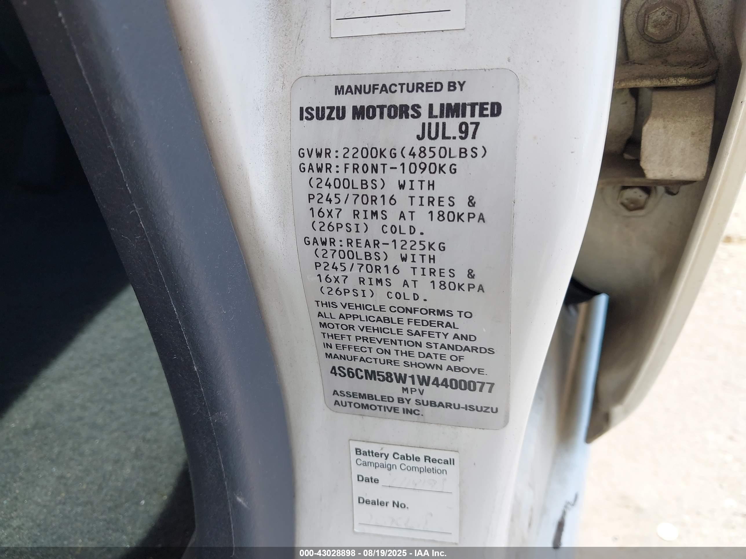 1998 Honda Passport Ex/lx White vin: 4S6CM58W1W4400077