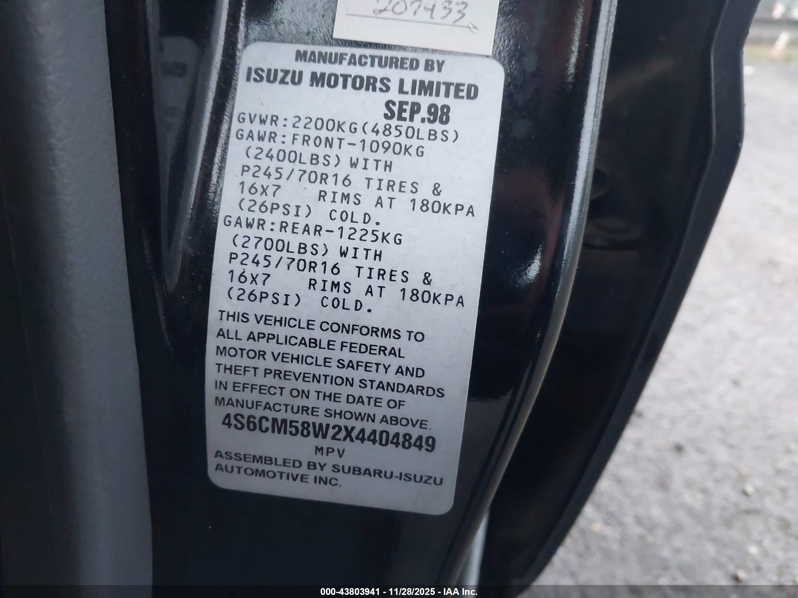 1999 Honda Passport Ex/lx Black vin: 4S6CM58W2X4404849