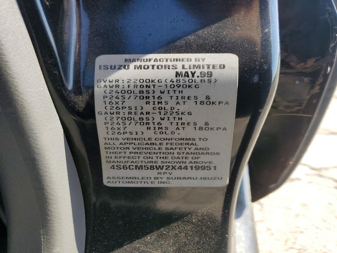 1999 Honda Passport Ex Black vin: 4S6CM58W2X4419951