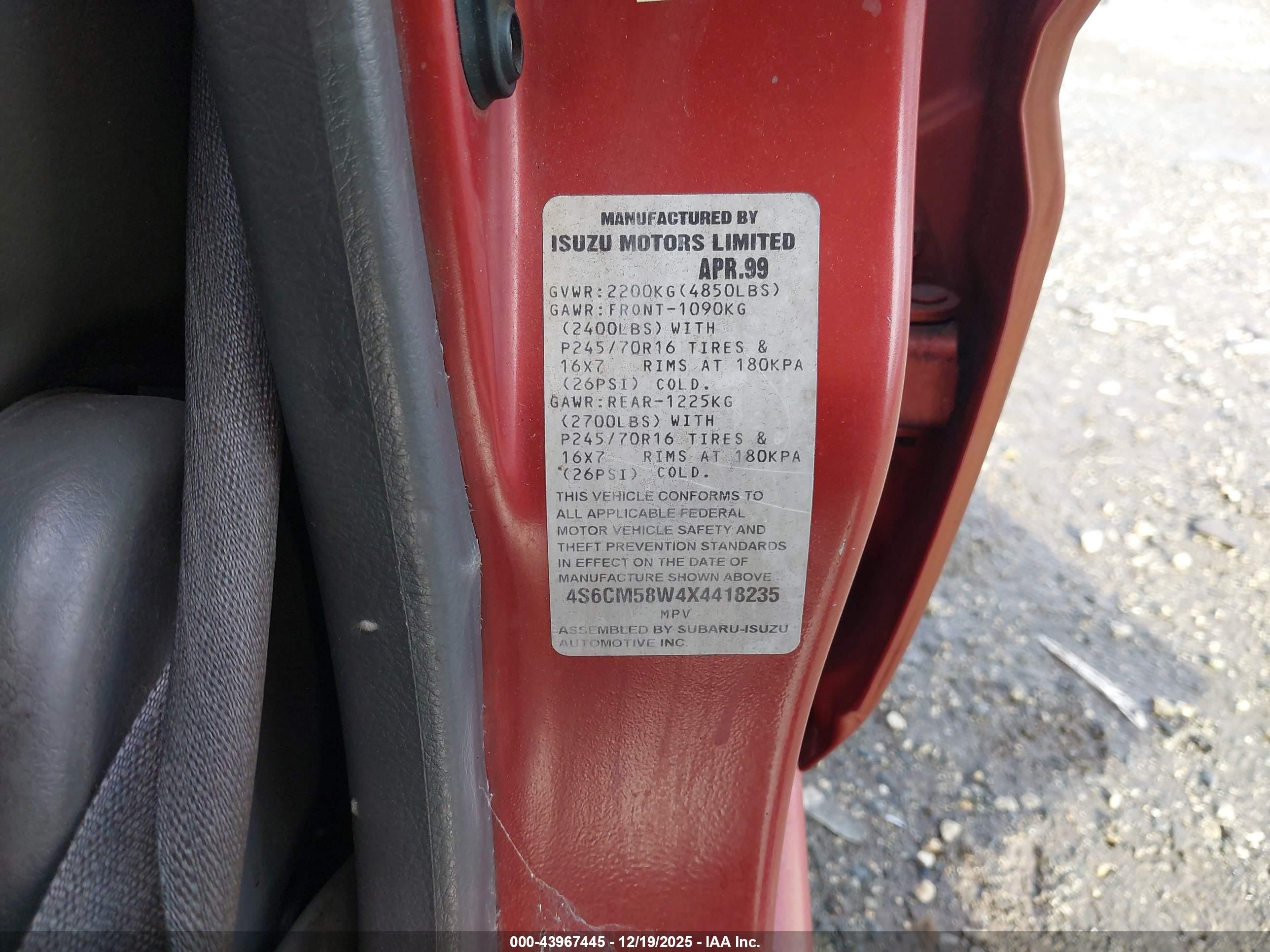 1999 Honda Passport Ex/lx Red vin: 4S6CM58W4X4418235