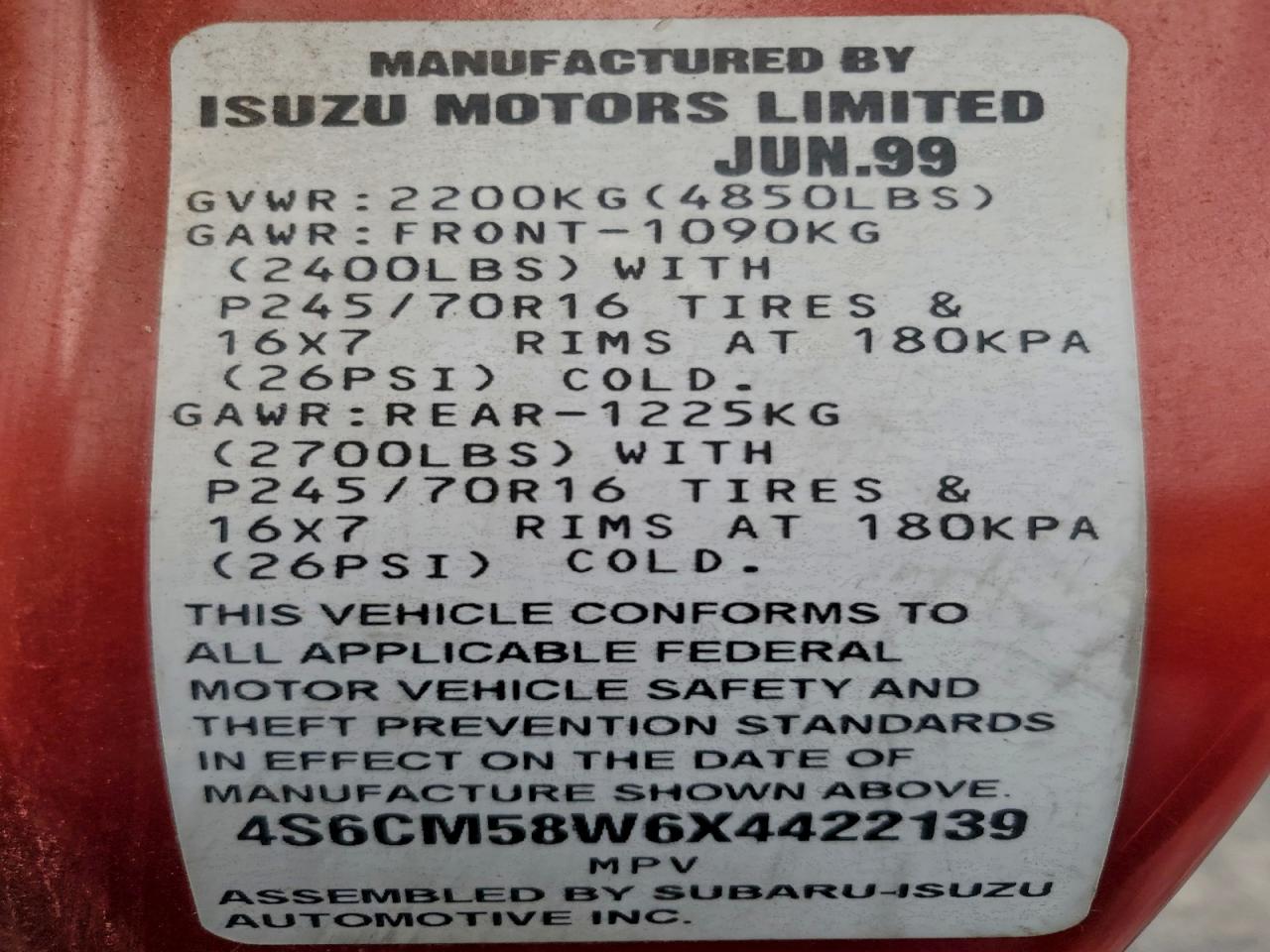 1999 Honda Passport Ex Red vin: 4S6CM58W6X4422139