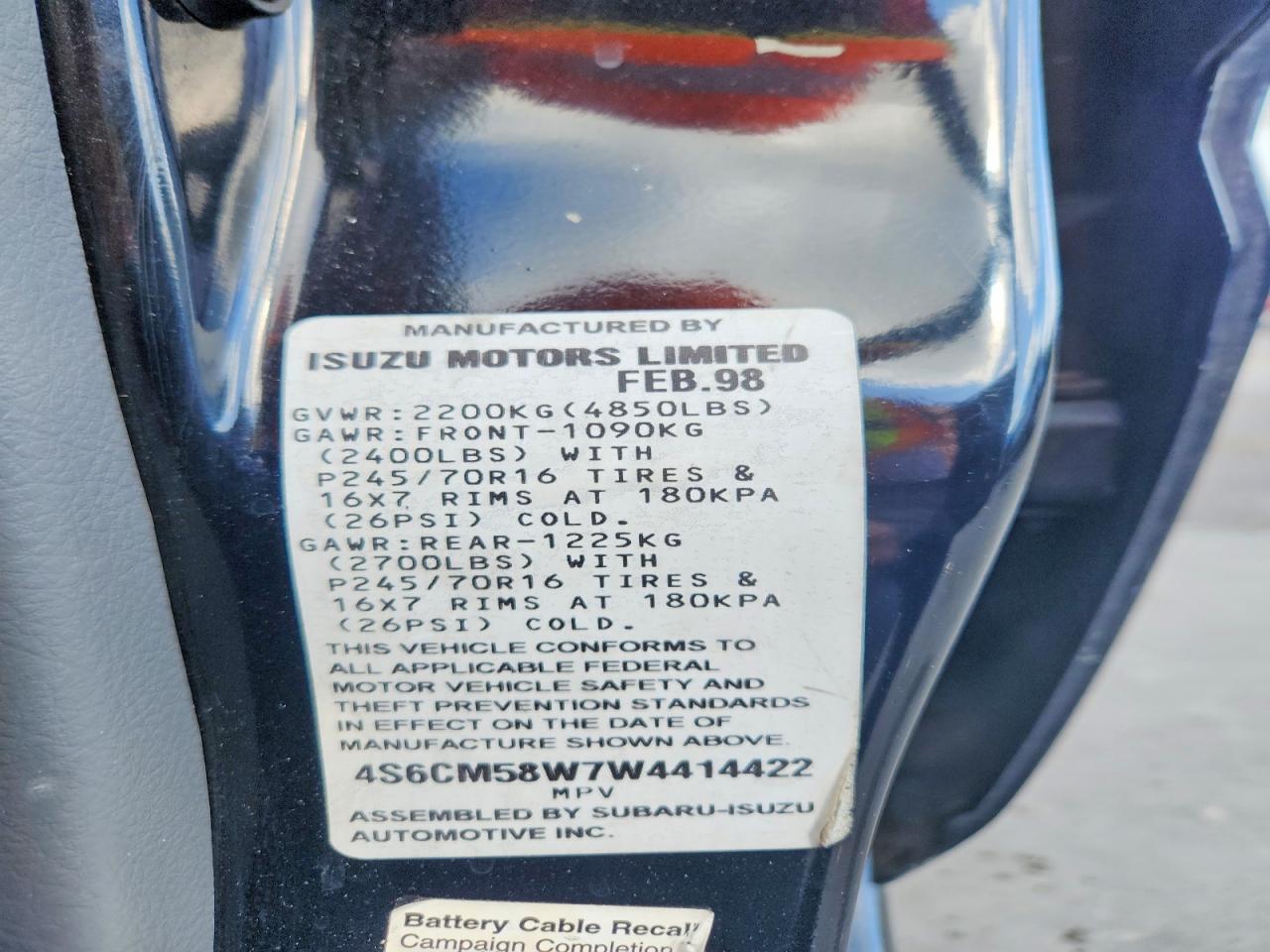 1998 Honda Passport Ex Black vin: 4S6CM58W7W4414422