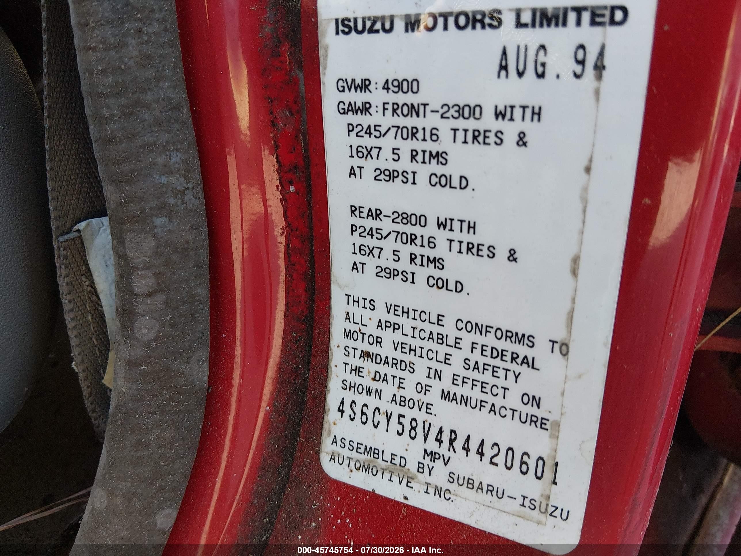 1994 Honda Passport Ex/lx/lxp/ext Red vin: 4S6CY58V4R4420601
