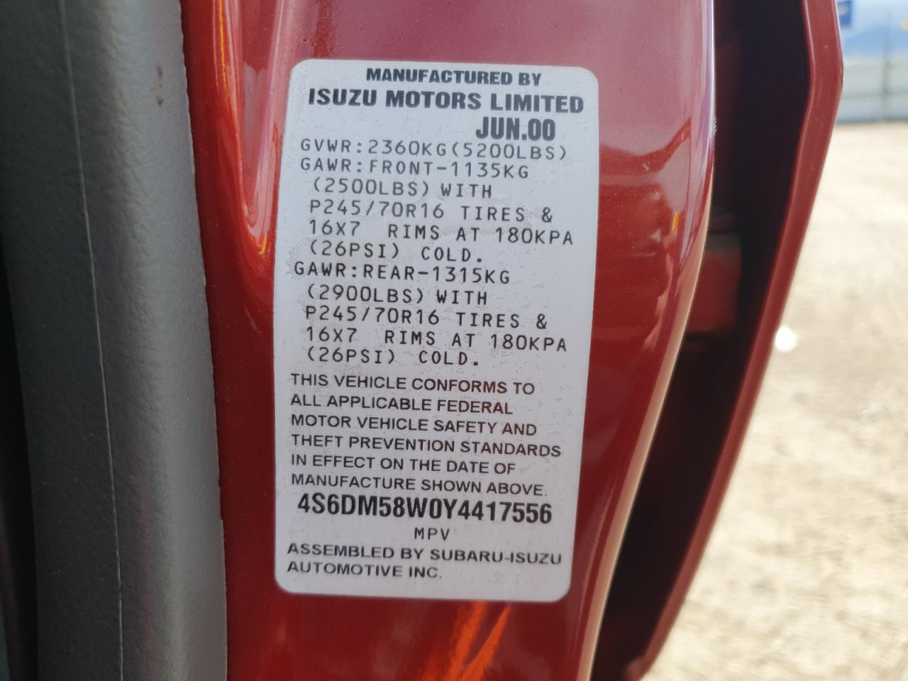2000 Honda Passport Ex Red vin: 4S6DM58W0Y4417556