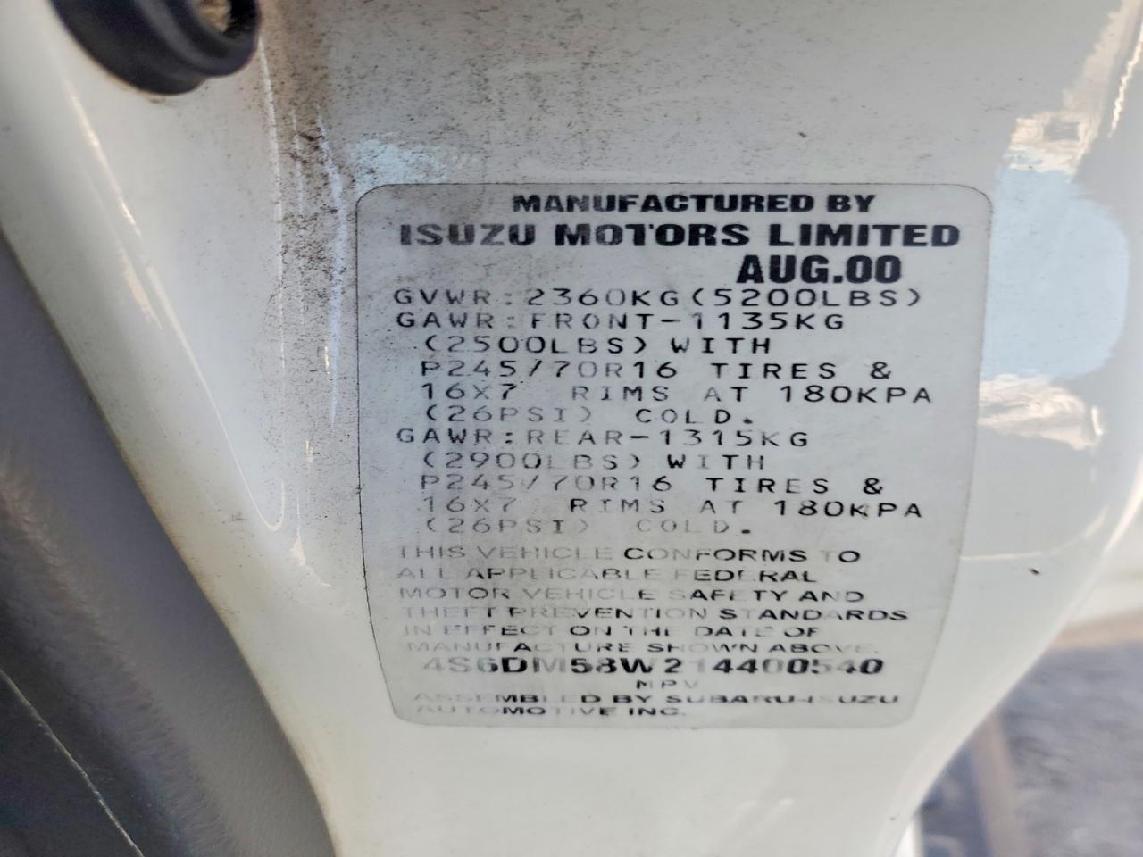 2001 Honda Passport Ex White vin: 4S6DM58W214400540