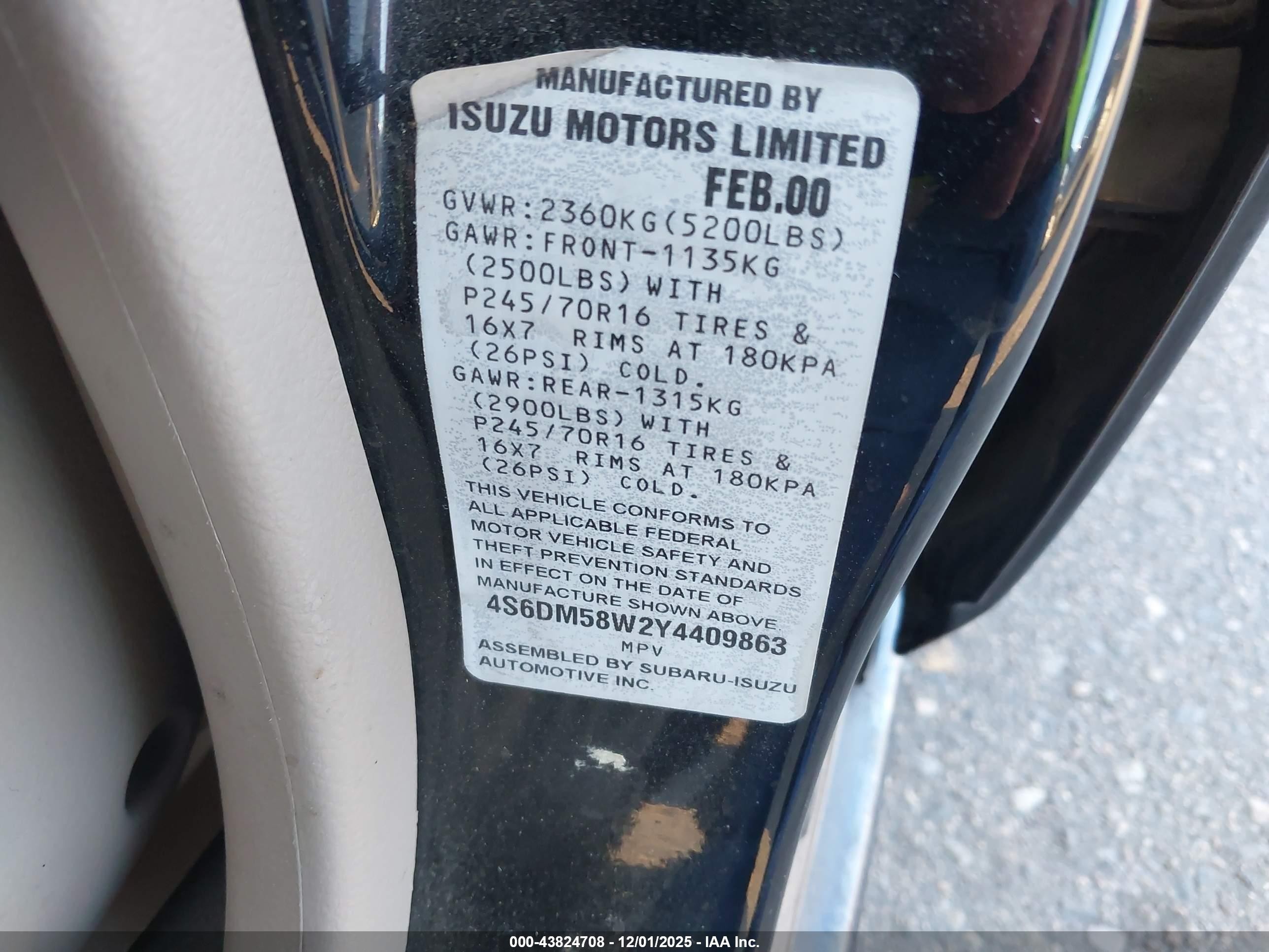 2000 Honda Passport Ex/lx Black vin: 4S6DM58W2Y4409863