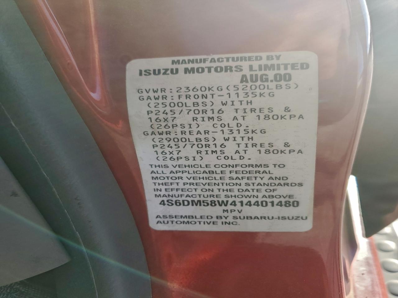 2001 Honda Passport Ex Red vin: 4S6DM58W414401480