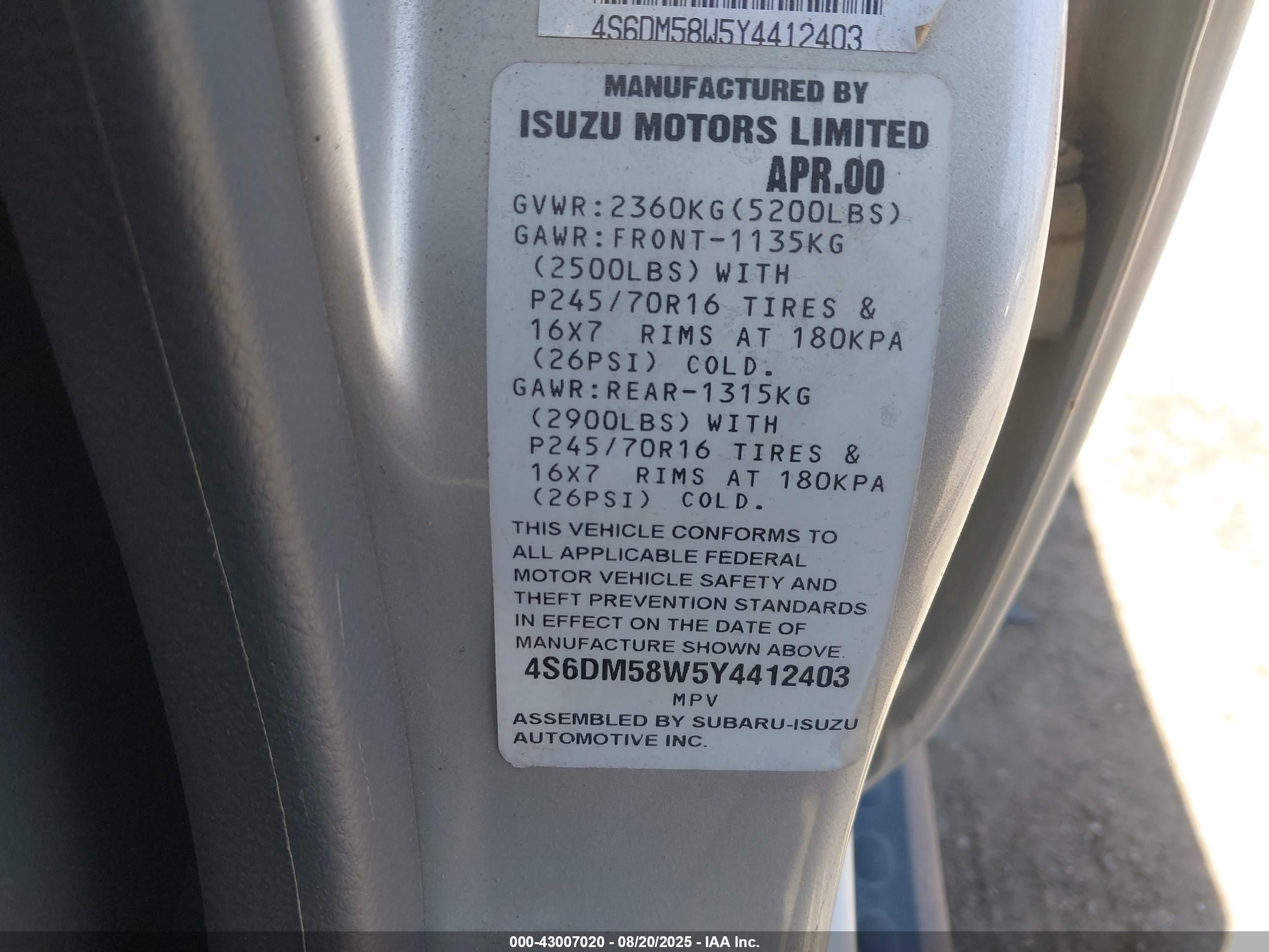 2000 Honda Passport Ex/lx Silver vin: 4S6DM58W5Y4412403
