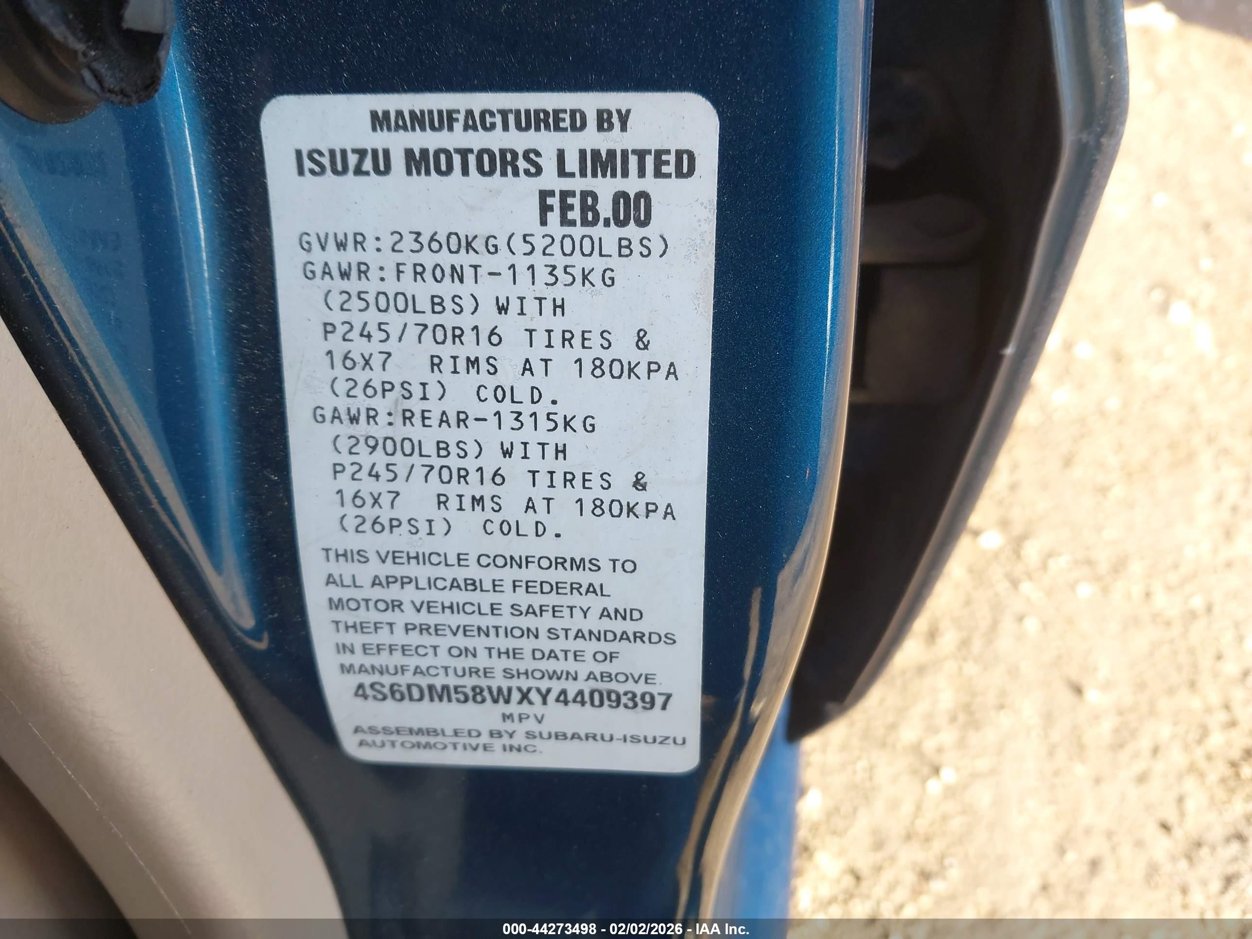 2000 Honda Passport Ex/lx Light Blue vin: 4S6DM58WXY4409397