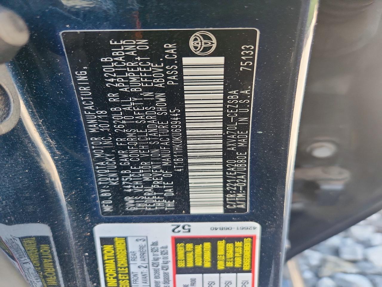 2019 Toyota Camry Se Blue vin: 4T1B11HK0KU699445