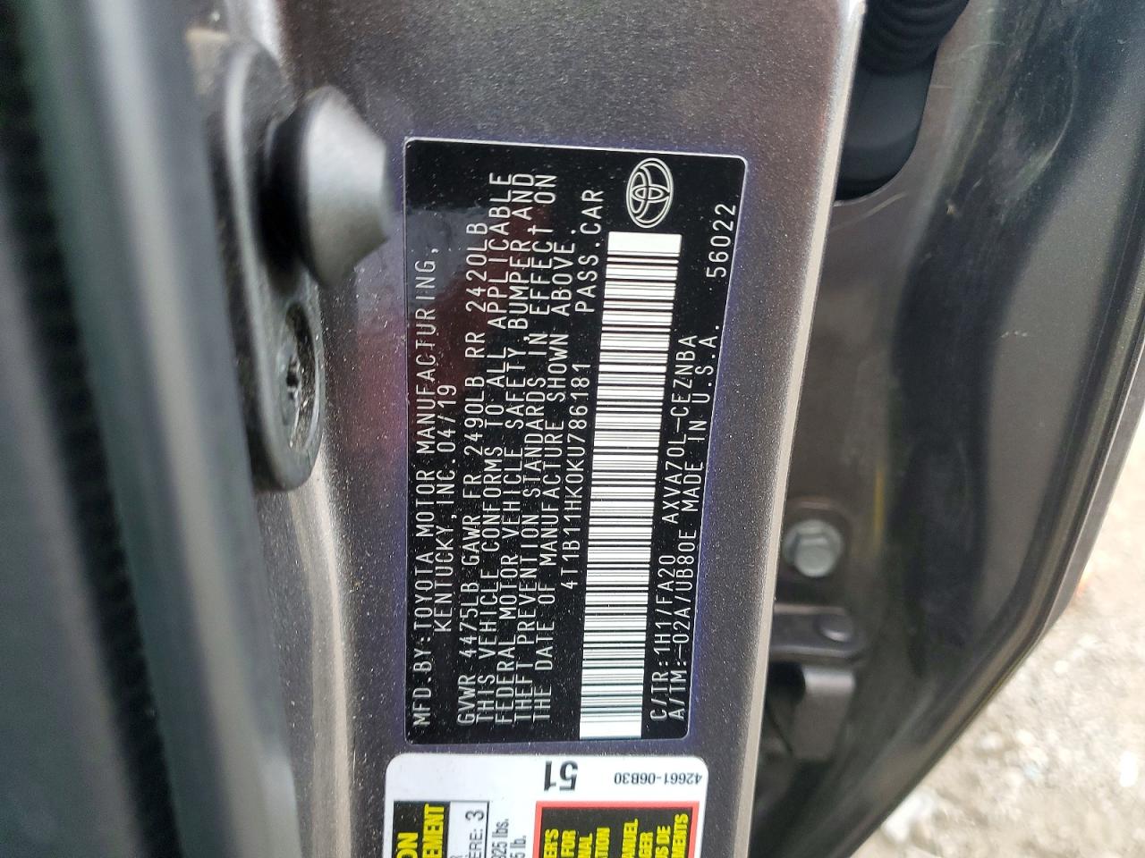 2019 Toyota Camry Le Серый vin: 4T1B11HK0KU786181