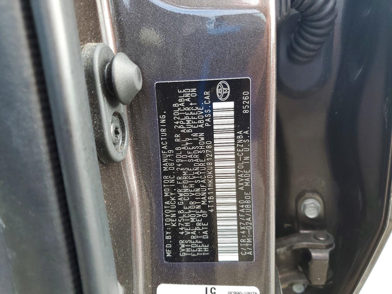 2019 Toyota Camry Le Угольный vin: 4T1B11HK0KU812780