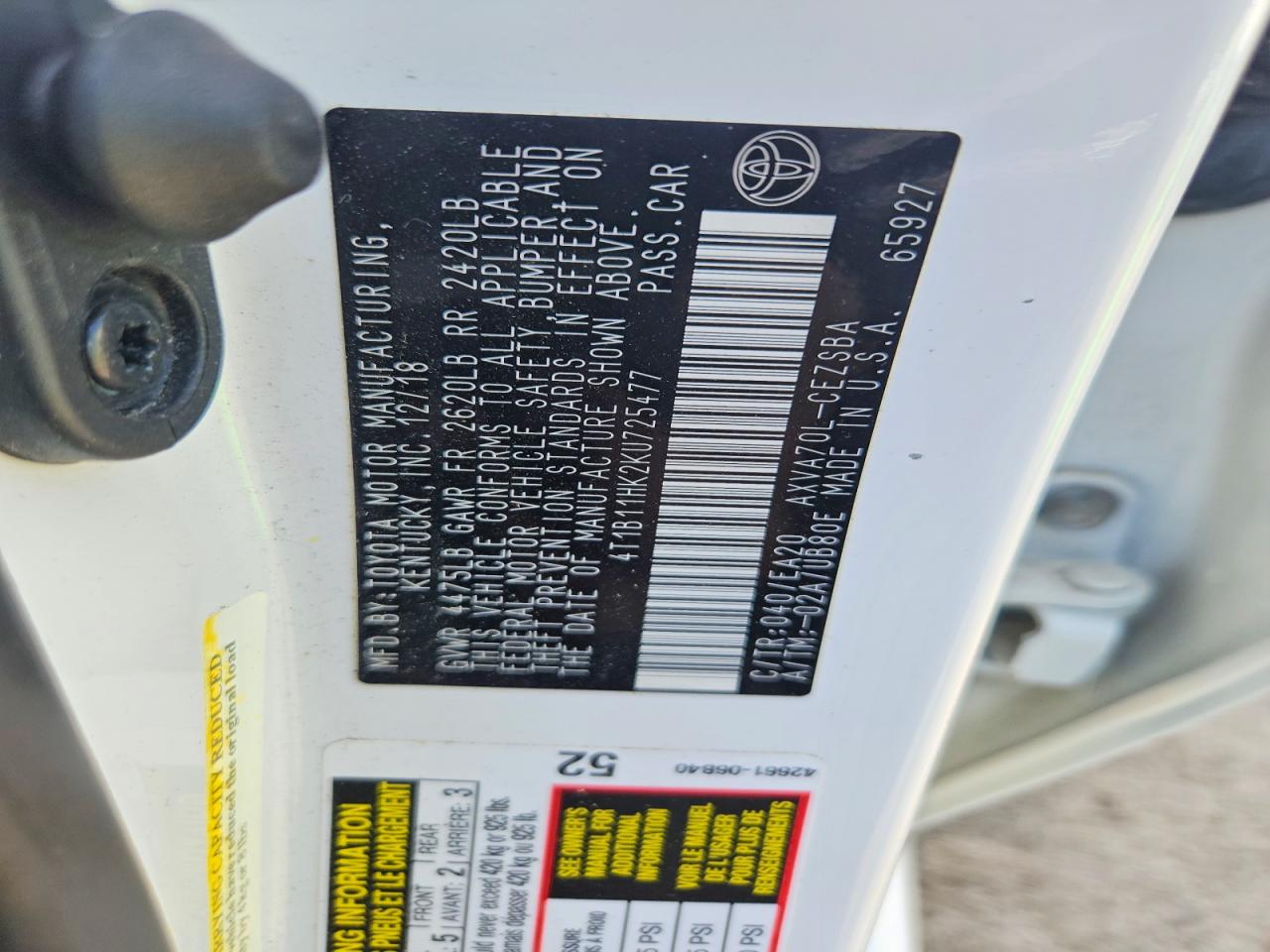 2019 Toyota Camry Se Белый vin: 4T1B11HK2KU725477