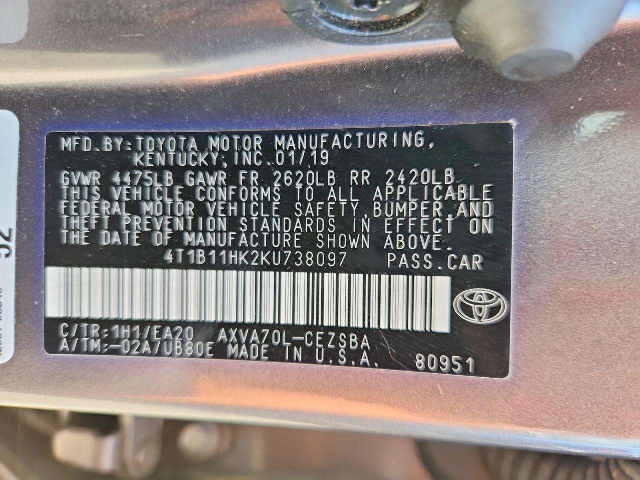 2019 Toyota Camry Se Угольный vin: 4T1B11HK2KU738097