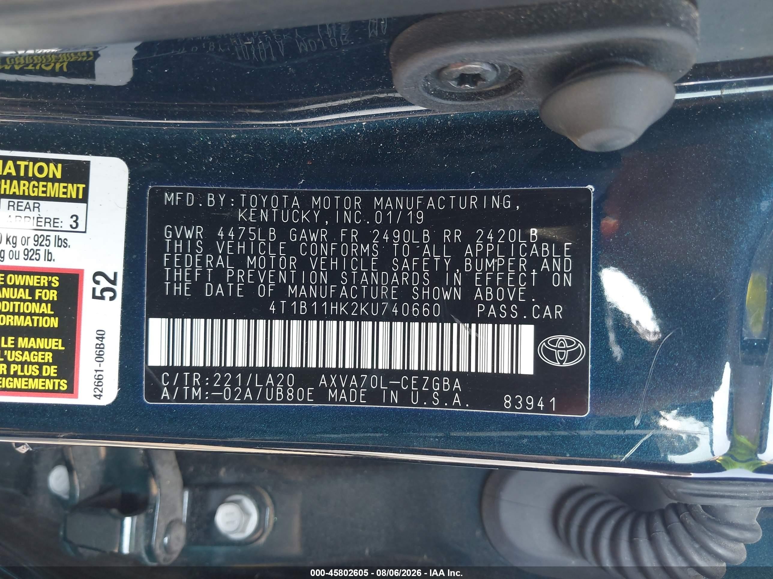 2019 Toyota Camry Xle Blue vin: 4T1B11HK2KU740660