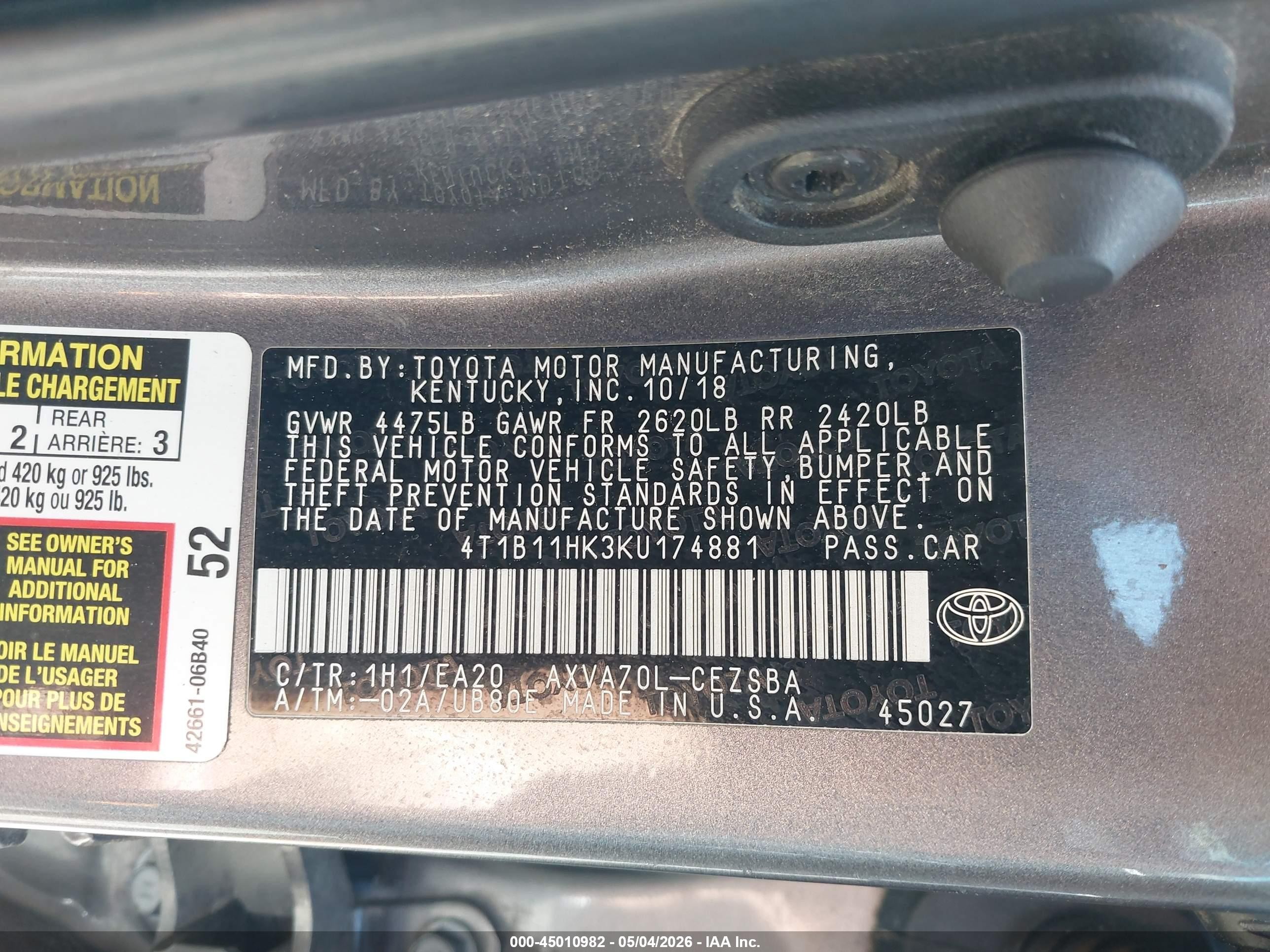 2019 Toyota Camry Se Gray vin: 4T1B11HK3KU174881