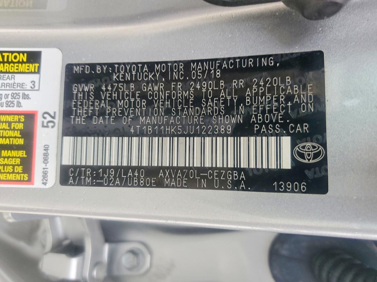 2018 Toyota Camry Xle Серебряный vin: 4T1B11HK5JU122389