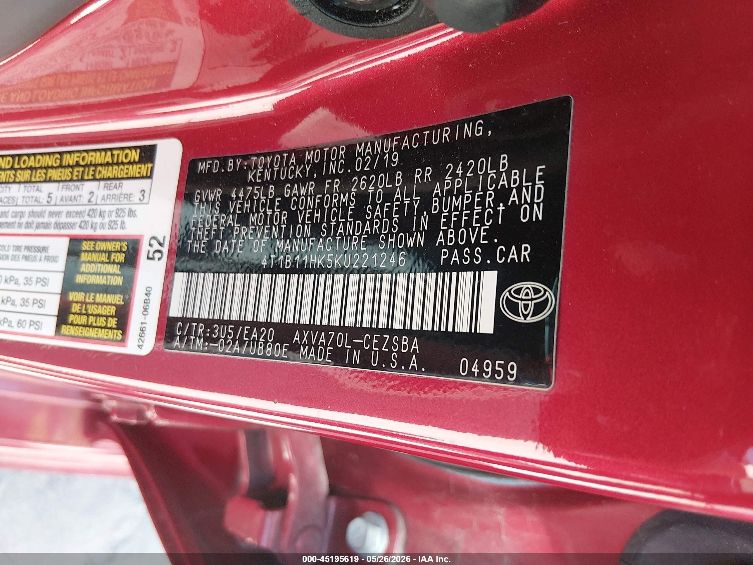 2019 Toyota Camry Se Red vin: 4T1B11HK5KU221246