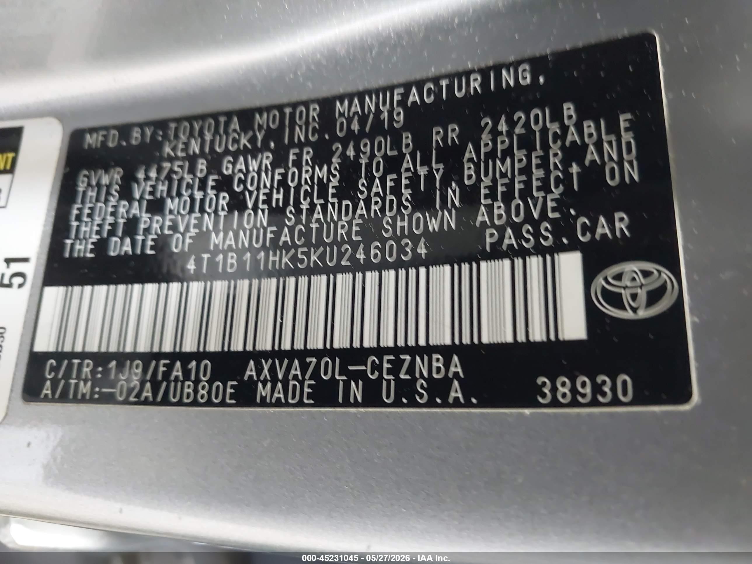 2019 Toyota Camry Le Silver vin: 4T1B11HK5KU246034