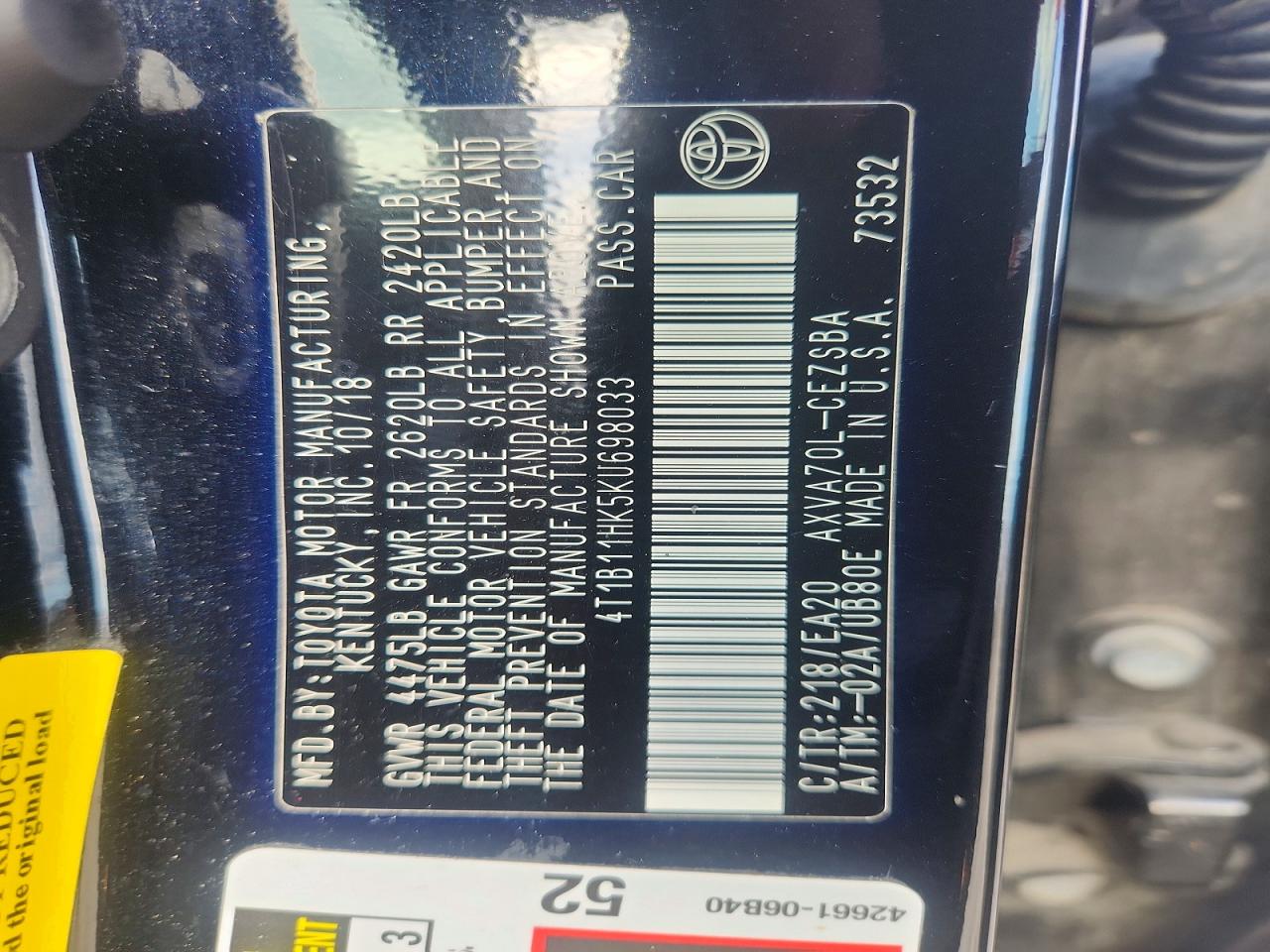 2019 Toyota Camry Se Black vin: 4T1B11HK5KU698033