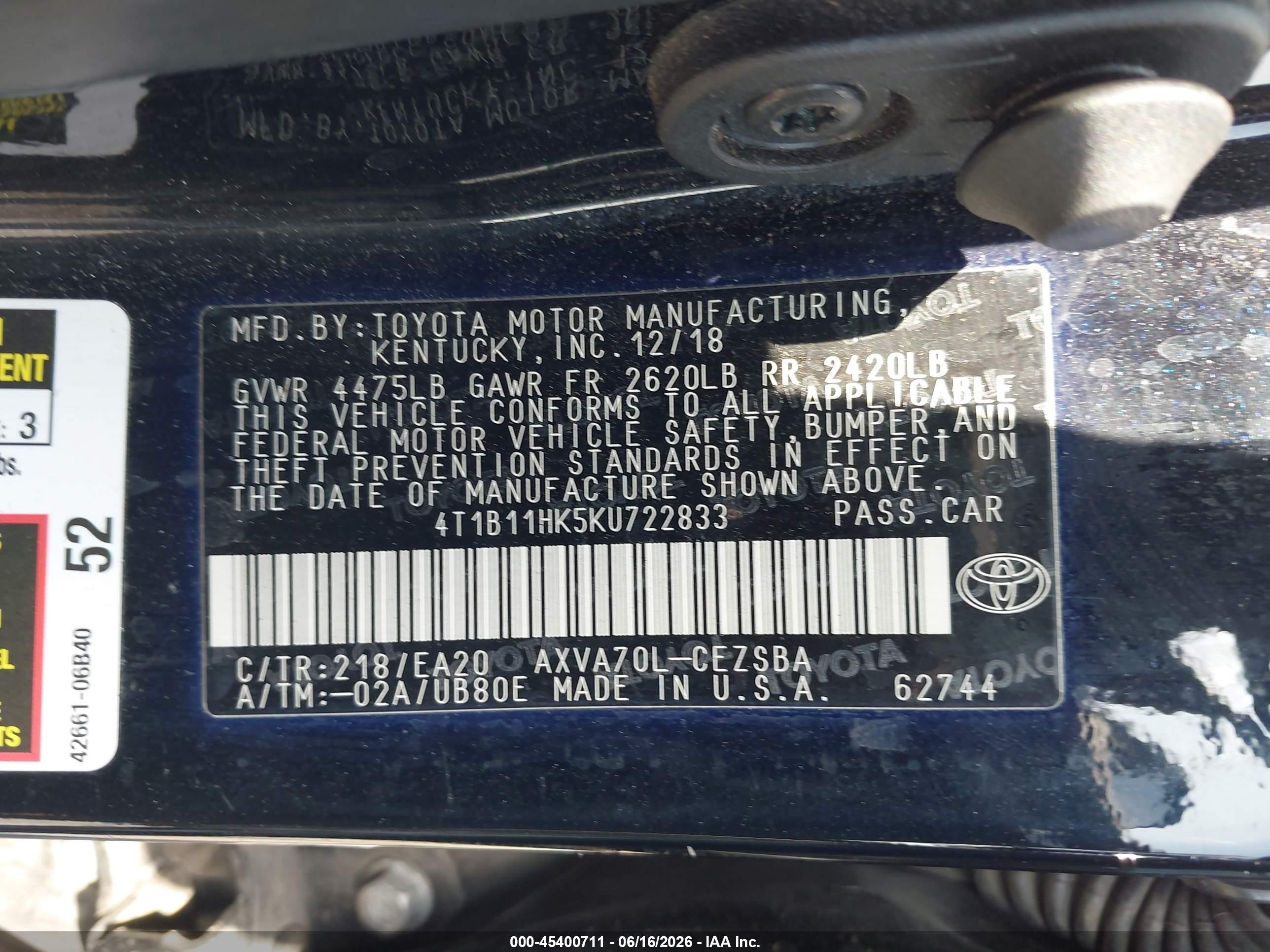 2019 Toyota Camry Se Black vin: 4T1B11HK5KU722833