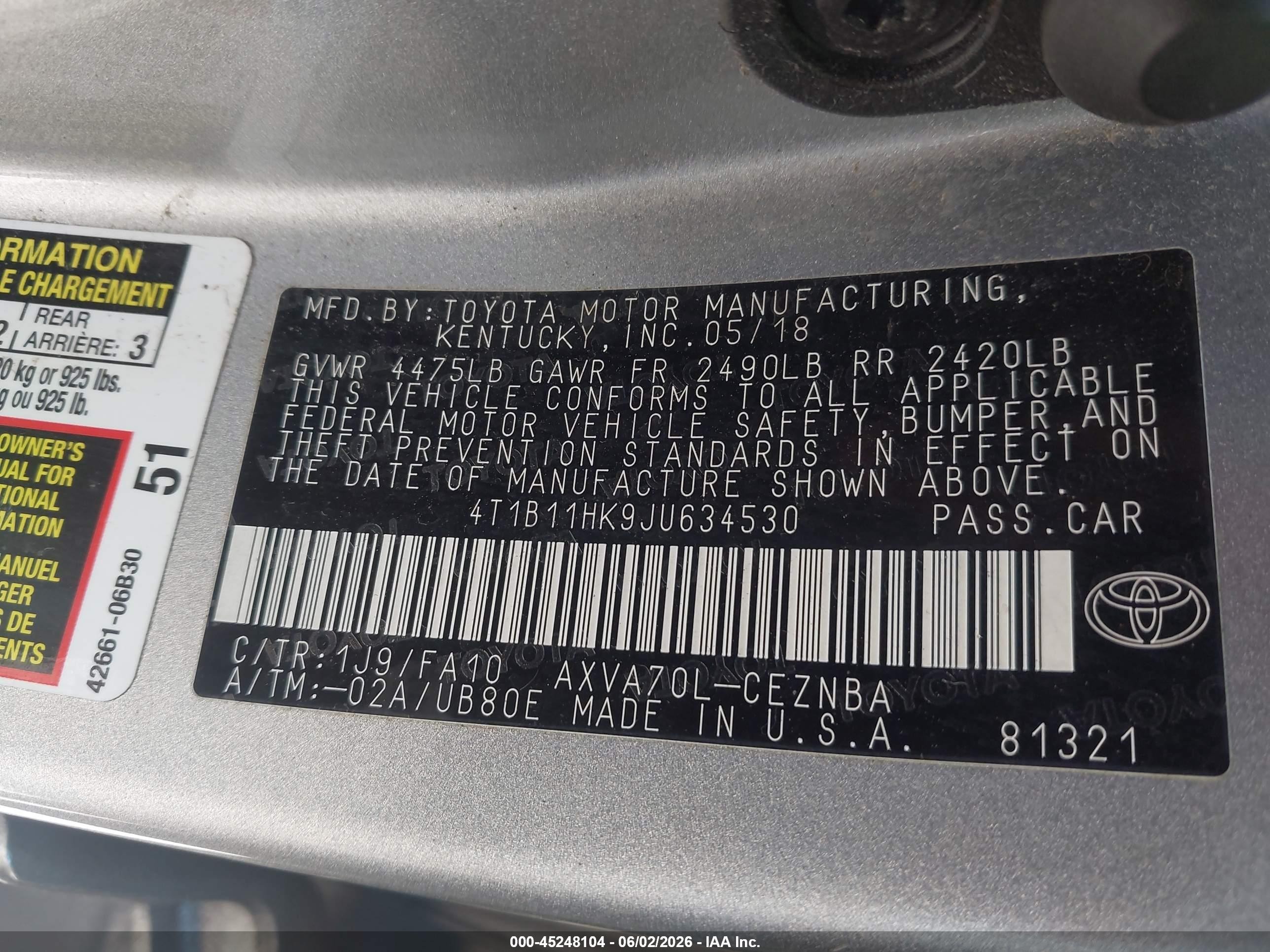 2018 Toyota Camry Le Серебряный vin: 4T1B11HK9JU634530