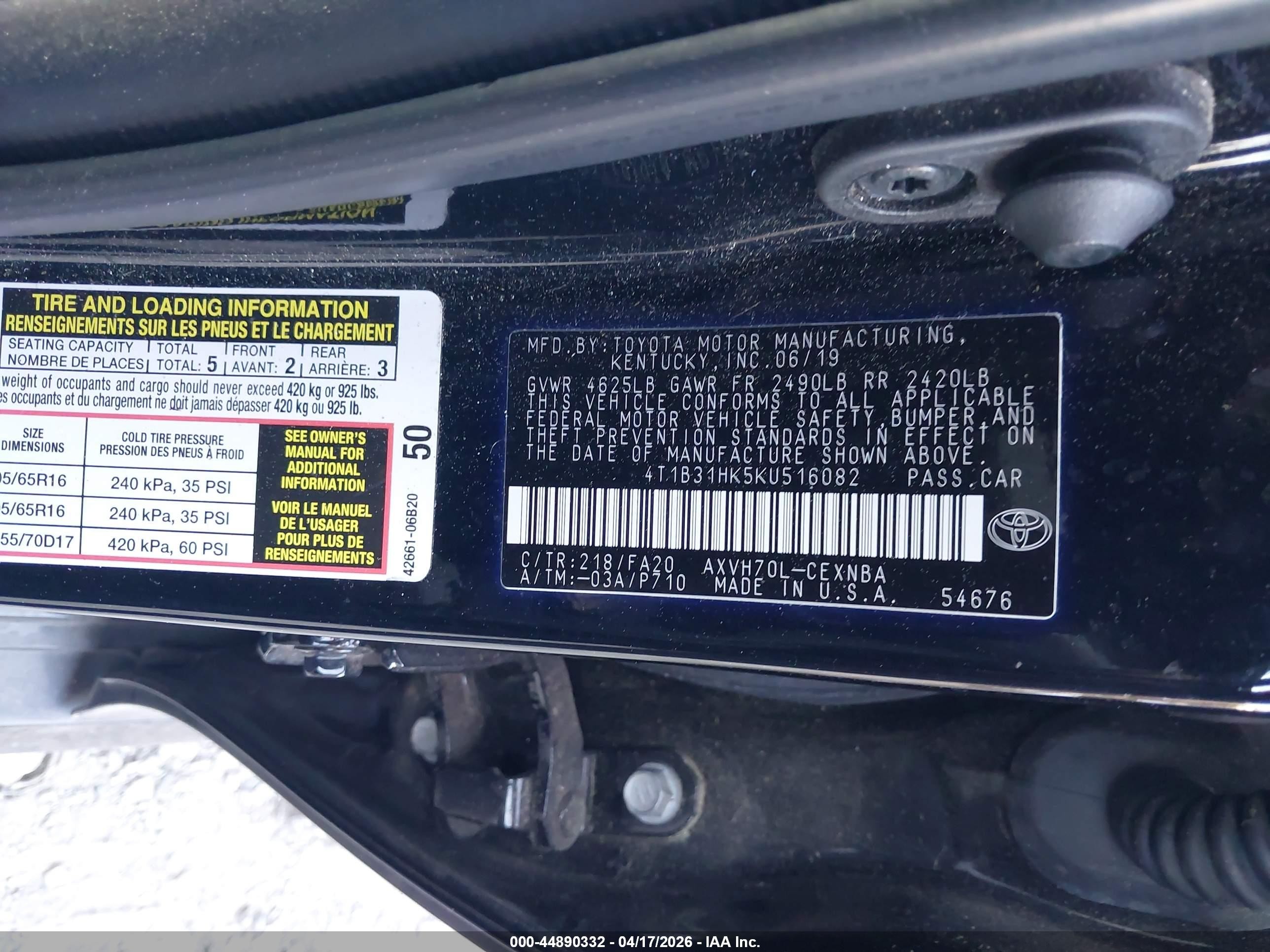 2019 Toyota Camry Hybrid Le Black vin: 4T1B31HK5KU516082