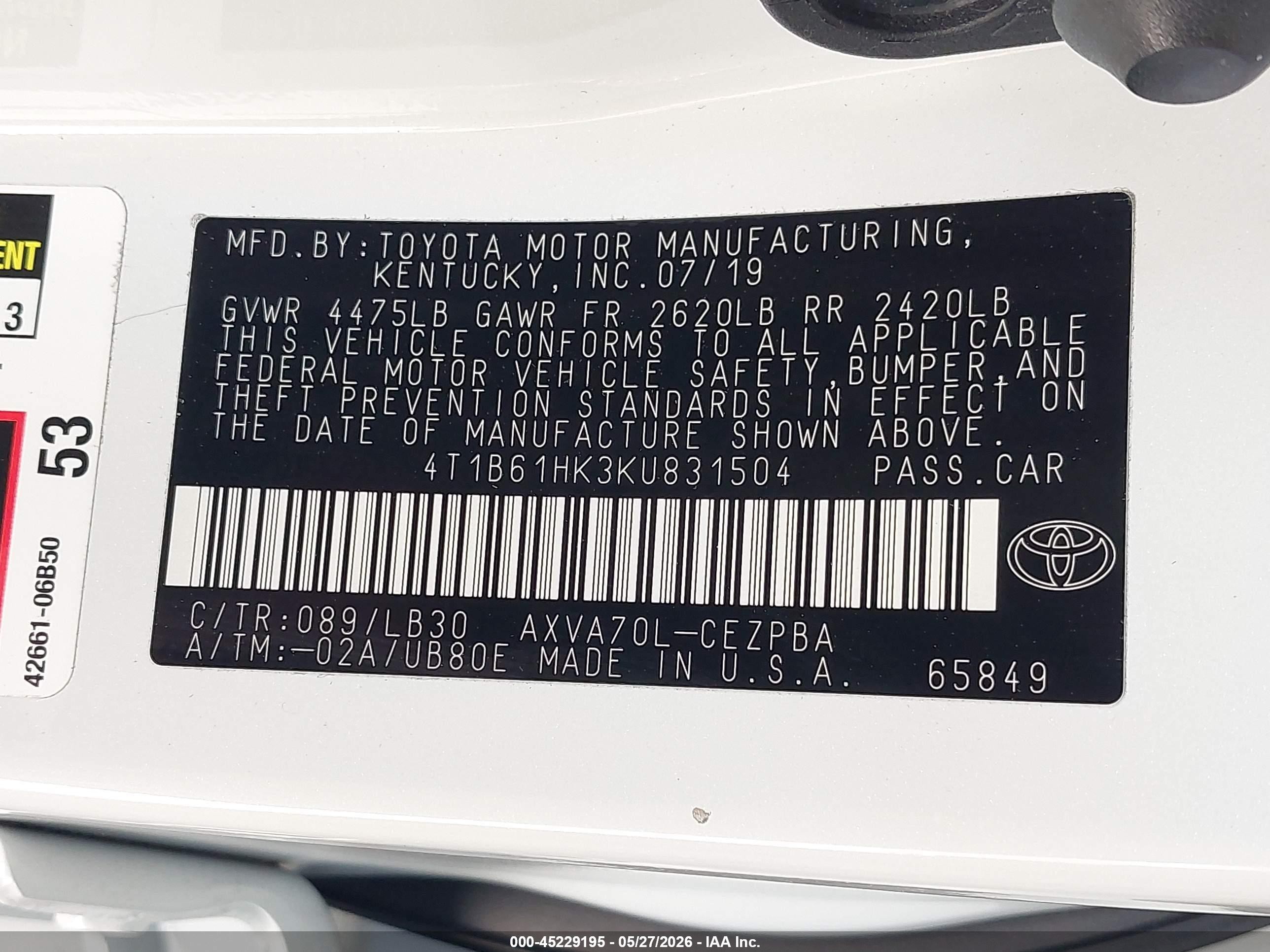 2019 Toyota Camry Xse Белый vin: 4T1B61HK3KU831504