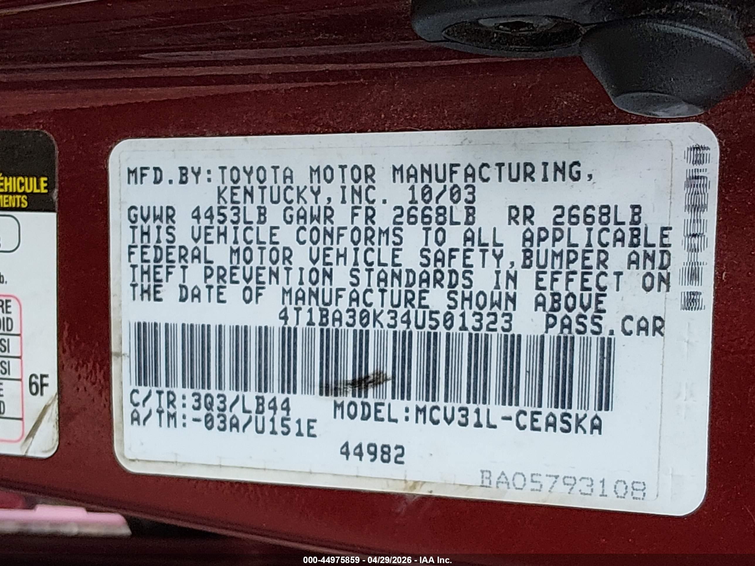 2004 Toyota Camry Se V6 Красный vin: 4T1BA30K34U501323