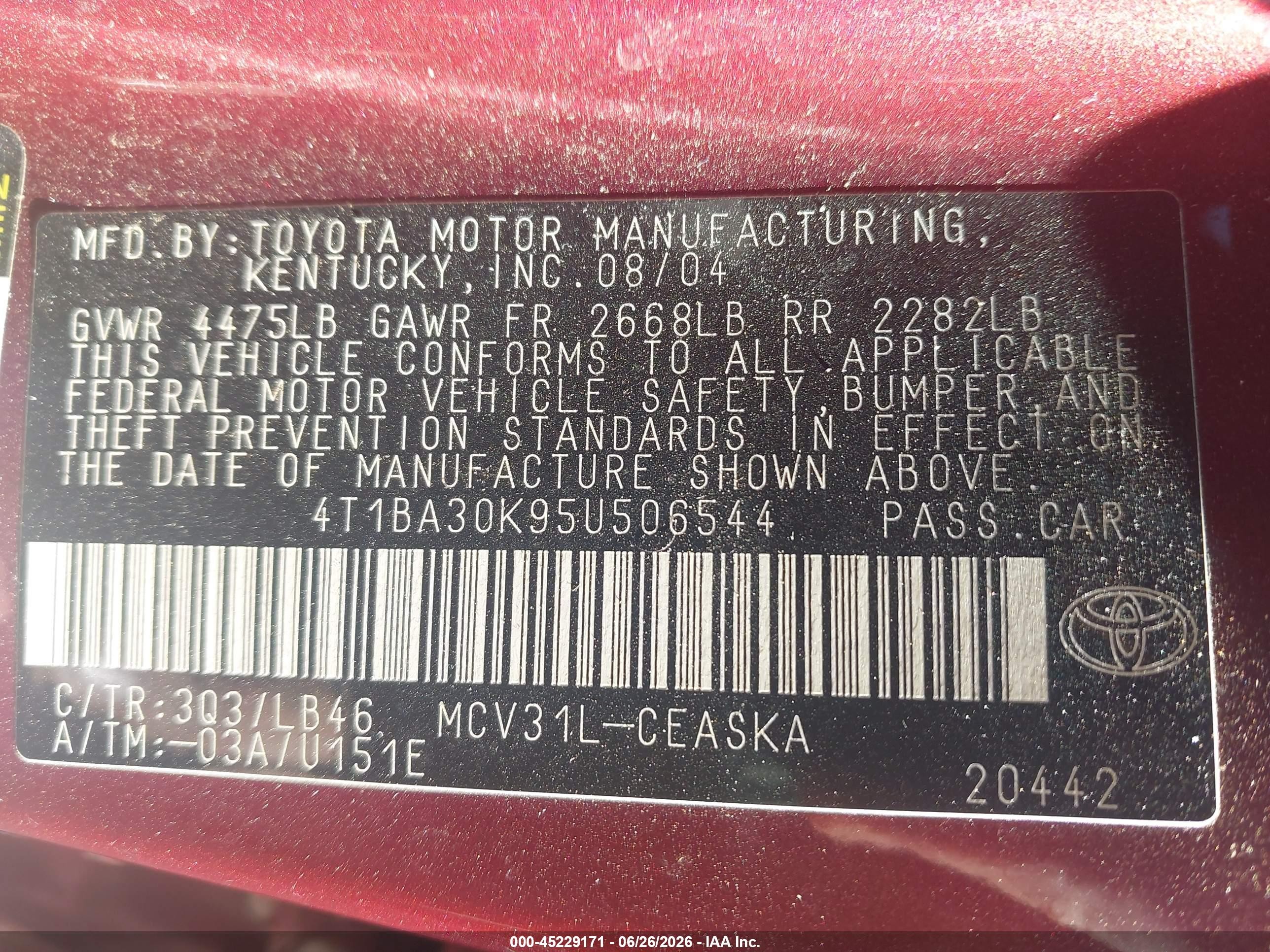 2005 Toyota Camry Se V6 Burgundy vin: 4T1BA30K95U506544