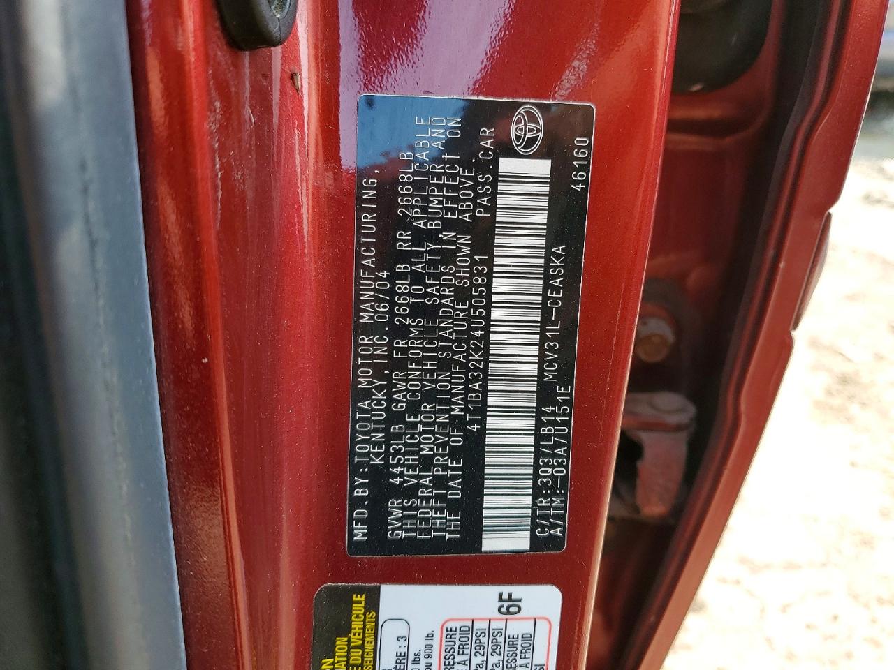 2004 Toyota Camry Se Burgundy vin: 4T1BA32K24U505831