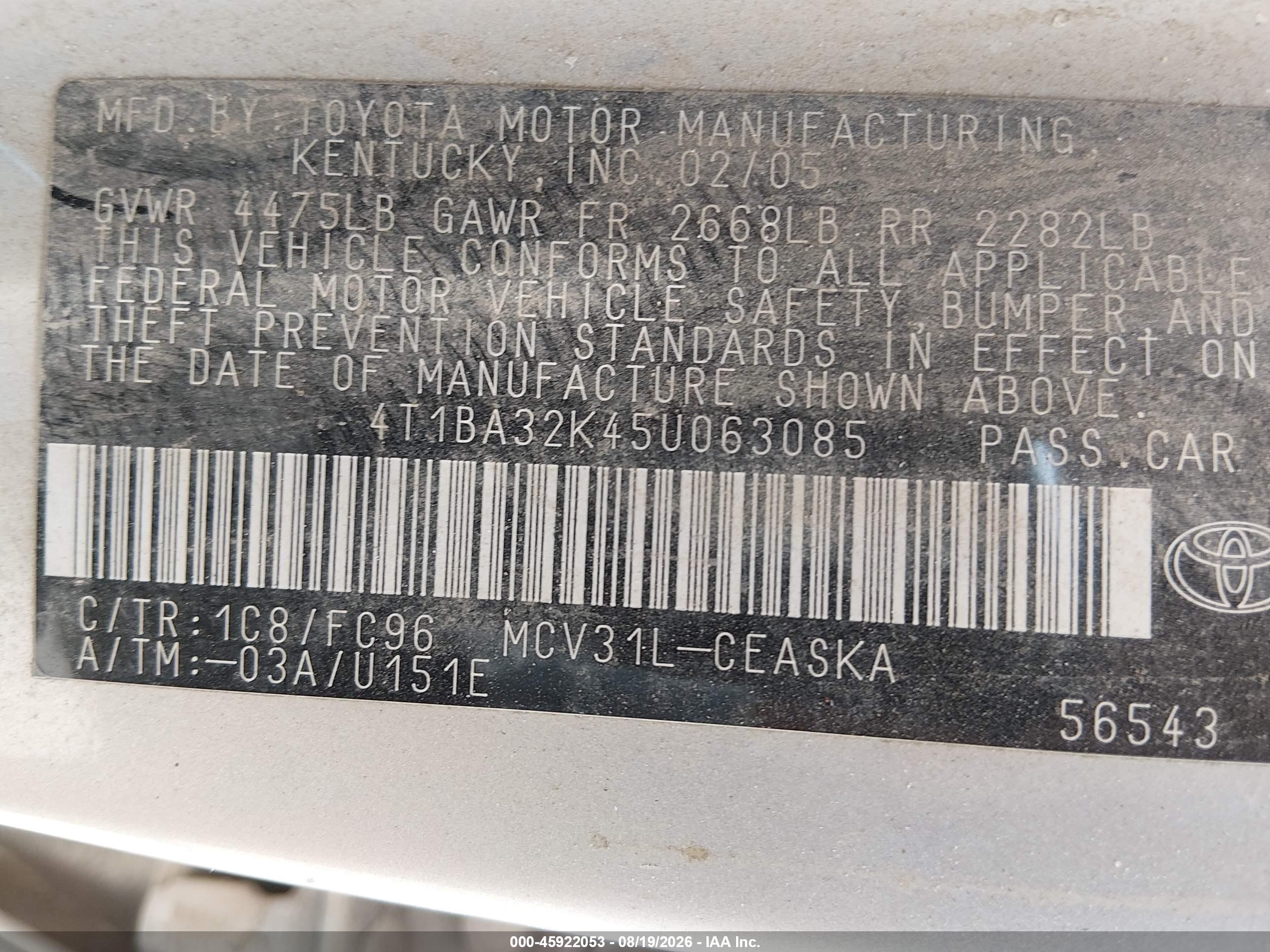 2005 Toyota Camry Se V6 Silver vin: 4T1BA32K45U063085