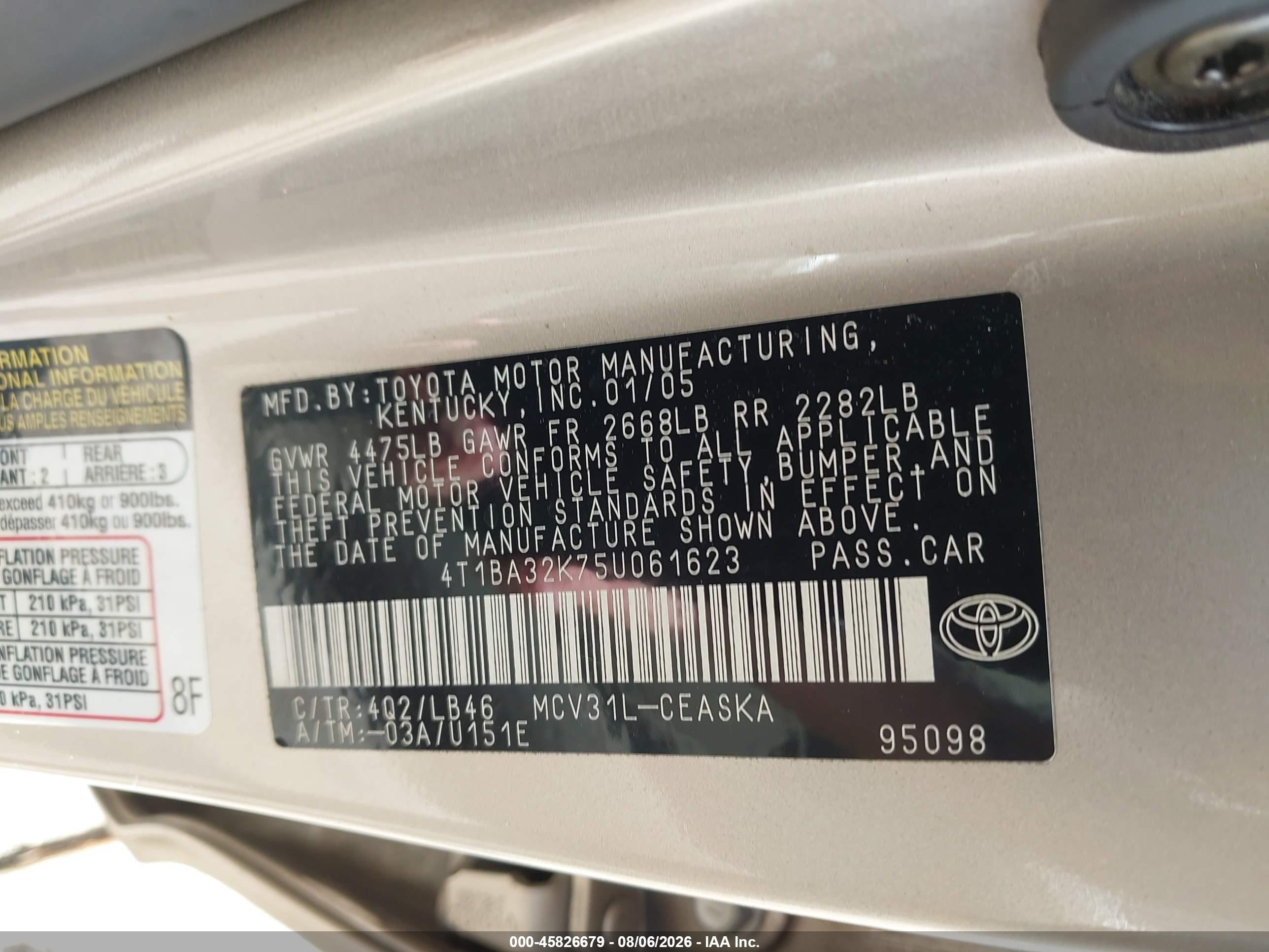 2005 Toyota Camry Se V6 Gold vin: 4T1BA32K75U061623