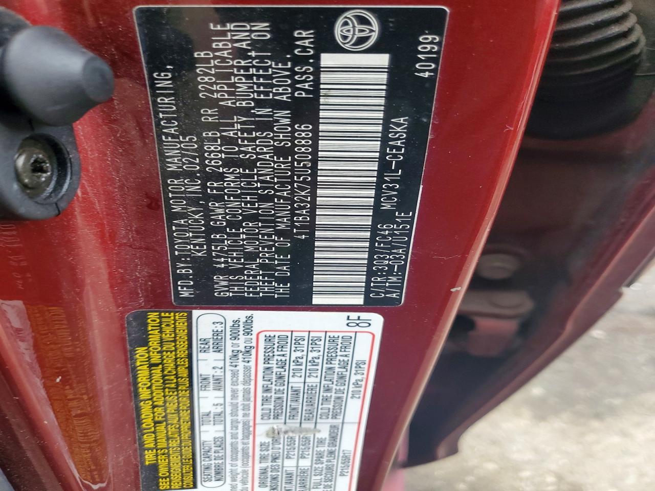 2005 Toyota Camry Se Red vin: 4T1BA32K75U508886