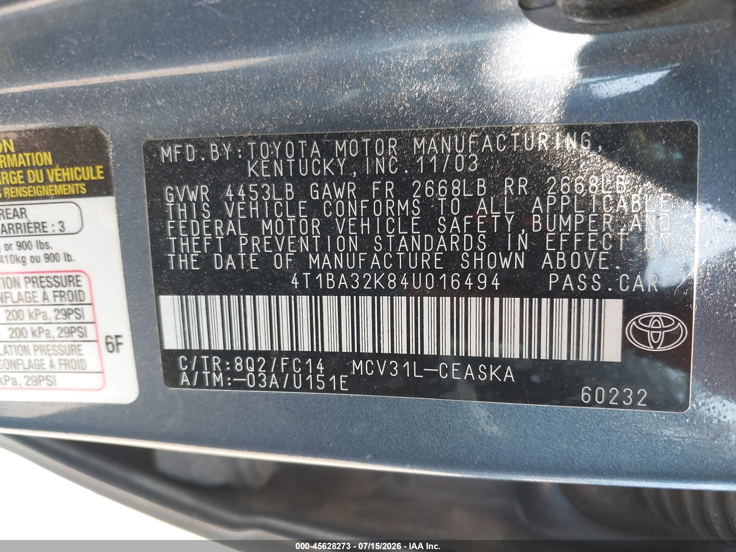 2004 Toyota Camry Se V6 Light Blue vin: 4T1BA32K84U016494