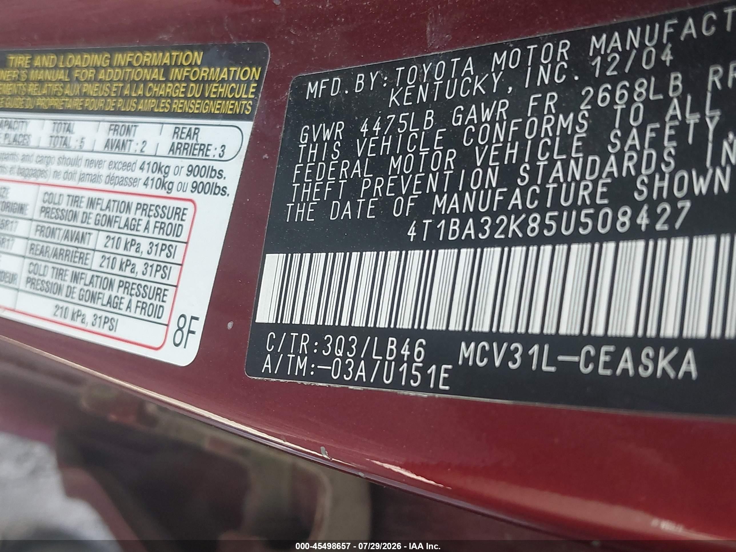 2005 Toyota Camry Se V6 Red vin: 4T1BA32K85U508427