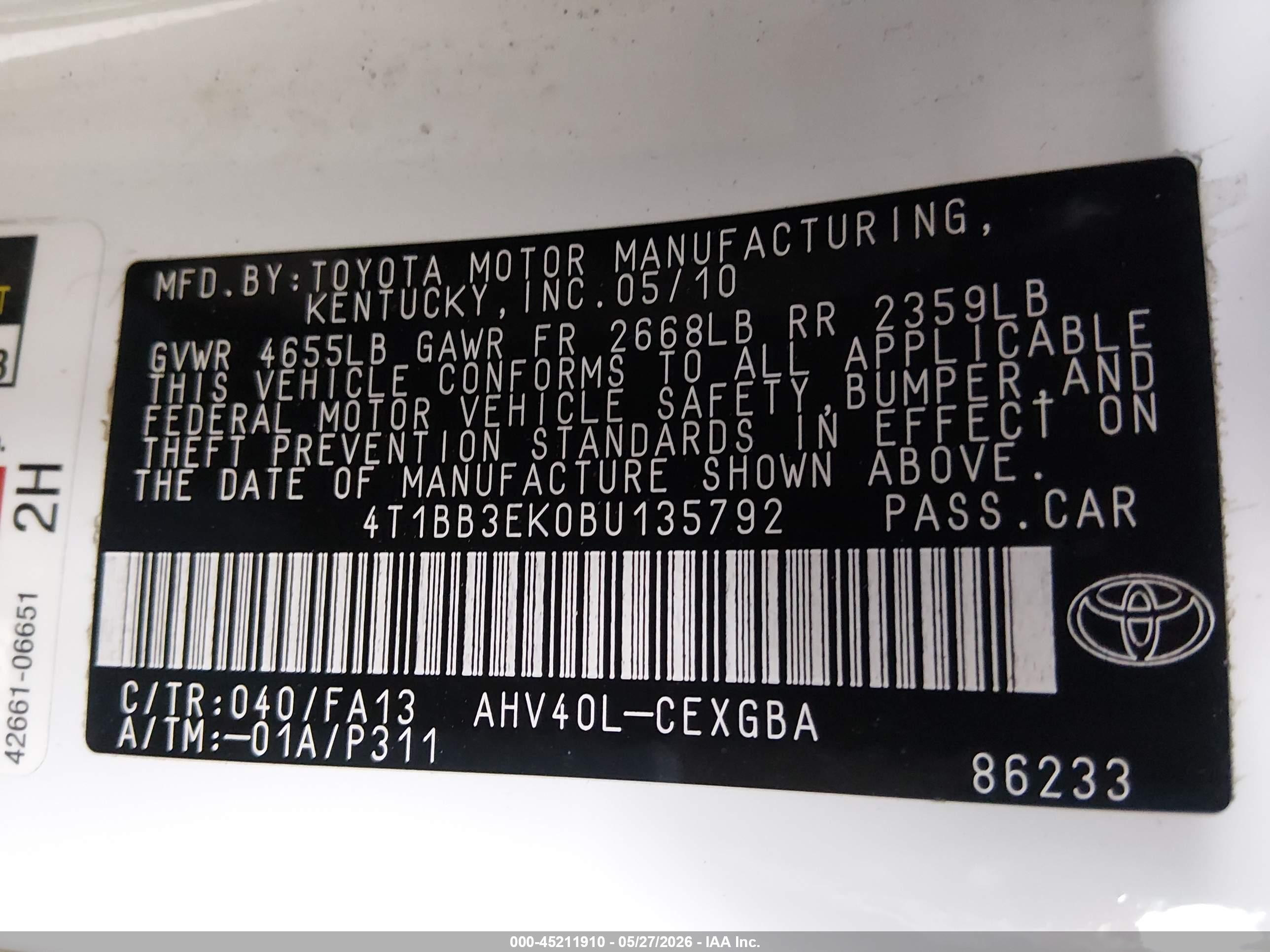 2011 Toyota Camry Hybrid   White vin: 4T1BB3EK0BU135792