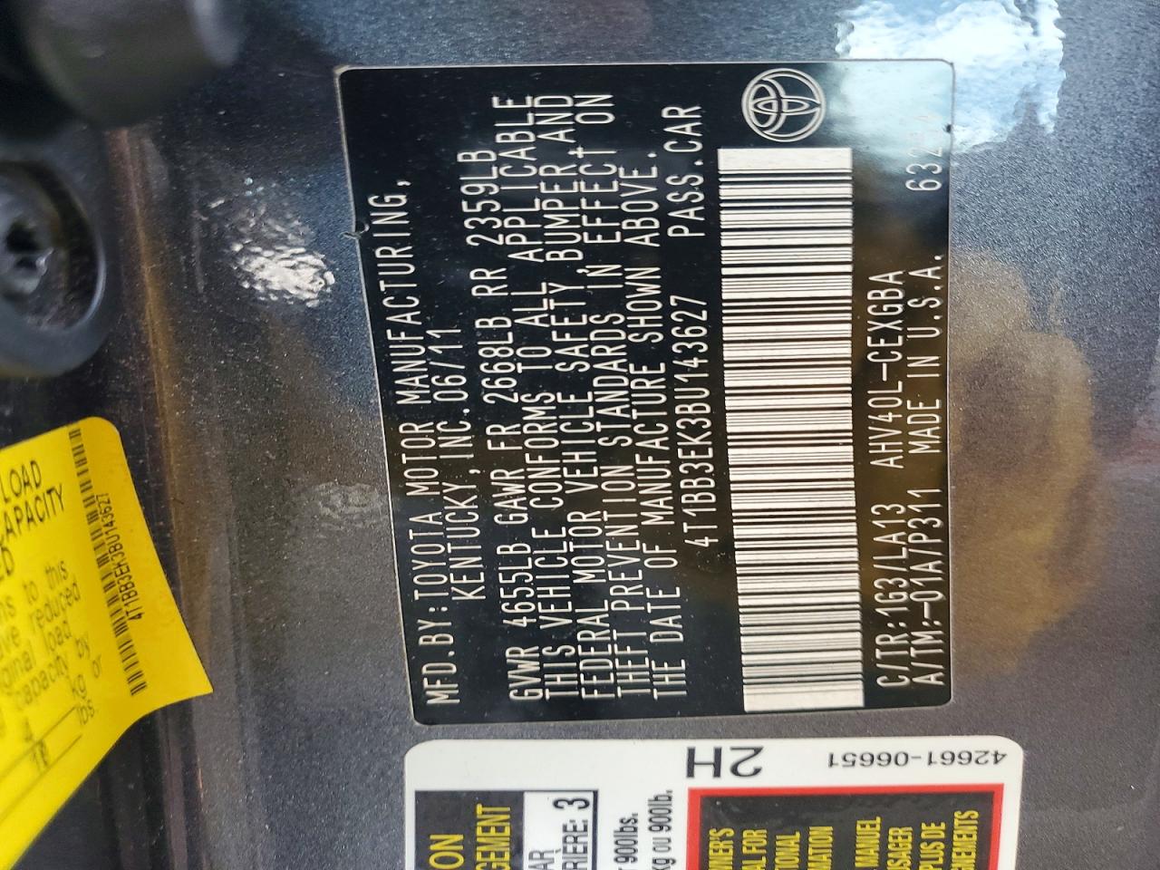 2011 Toyota Camry Hybrid Base Gray vin: 4T1BB3EK3BU143627