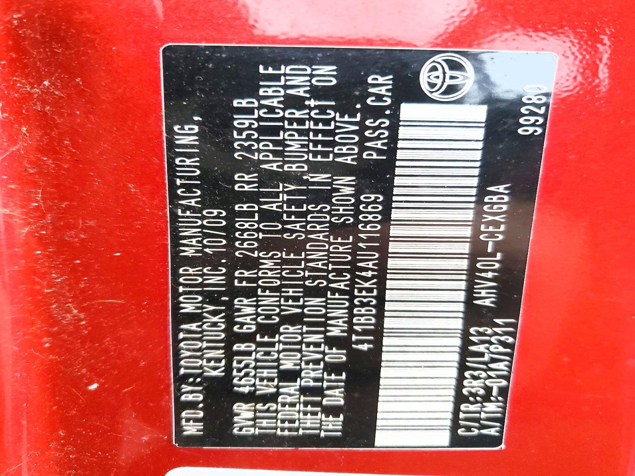 2010 Toyota Camry Hybrid Red vin: 4T1BB3EK4AU116869