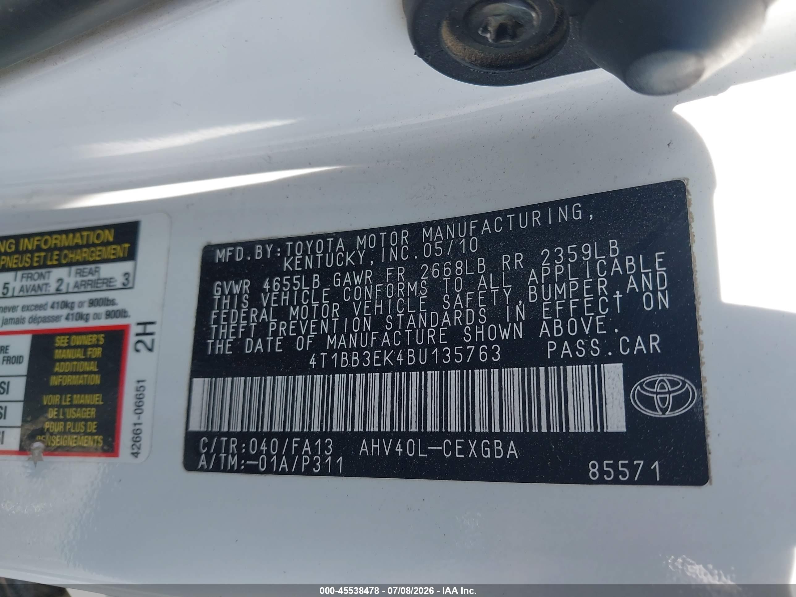 2011 Toyota Camry Hybrid   White vin: 4T1BB3EK4BU135763