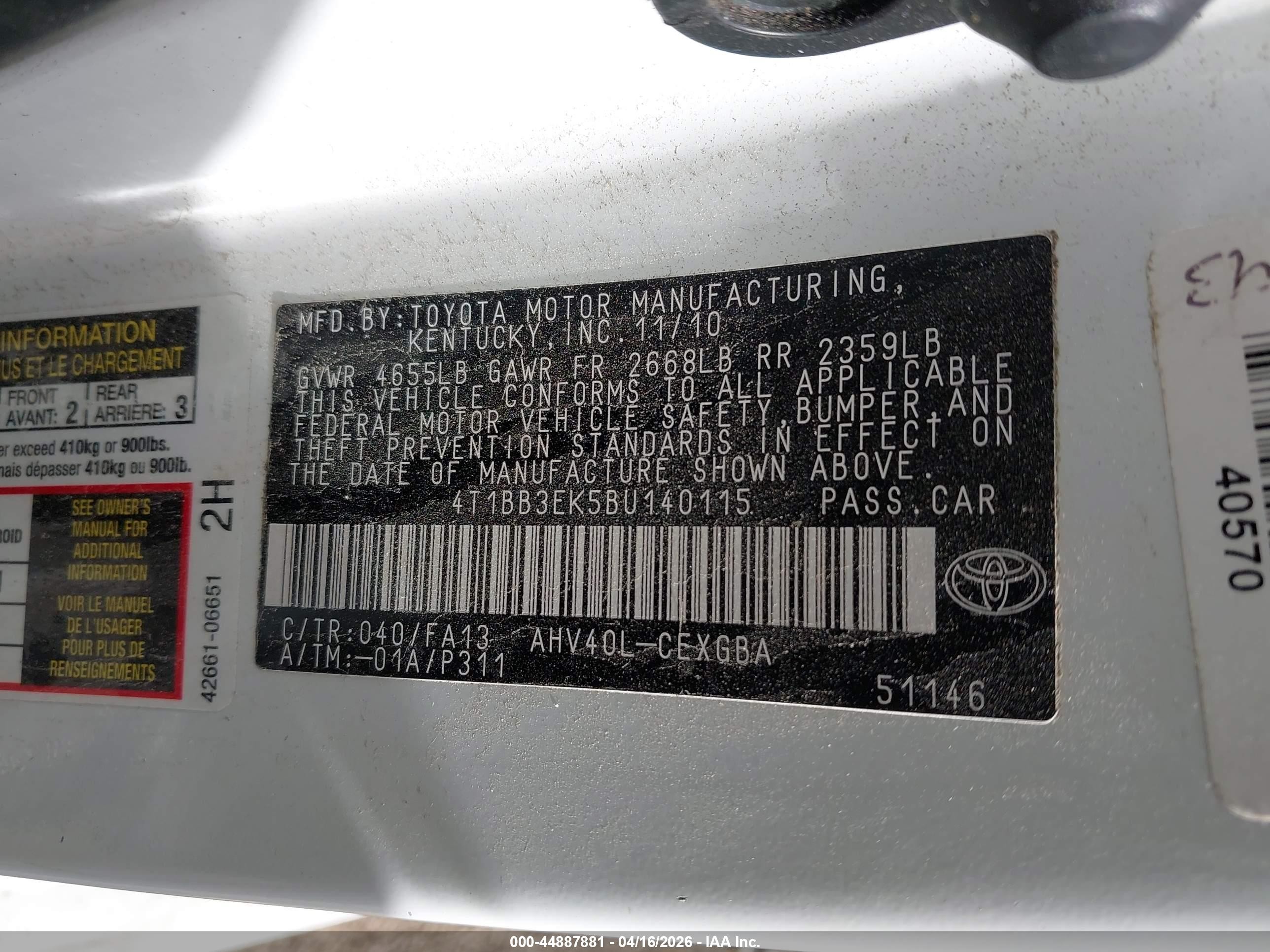 2011 Toyota Camry Hybrid   White vin: 4T1BB3EK5BU140115