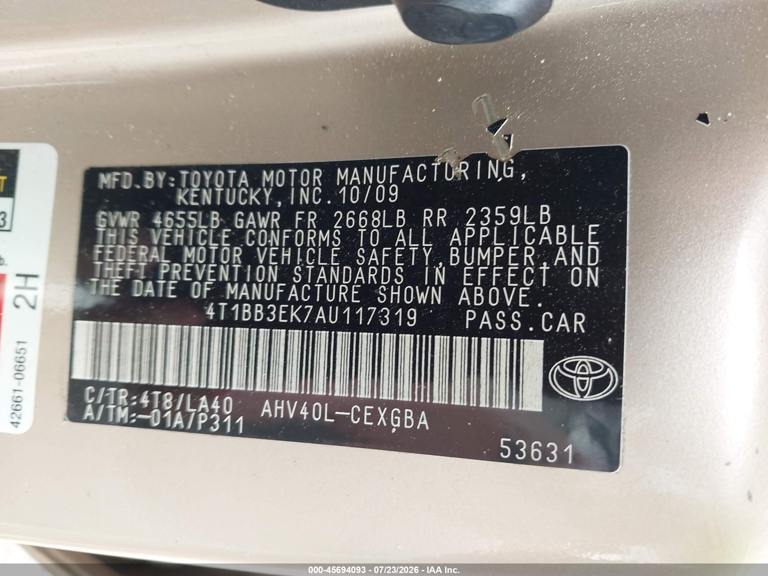 2010 Toyota Camry Hybrid   Gold vin: 4T1BB3EK7AU117319