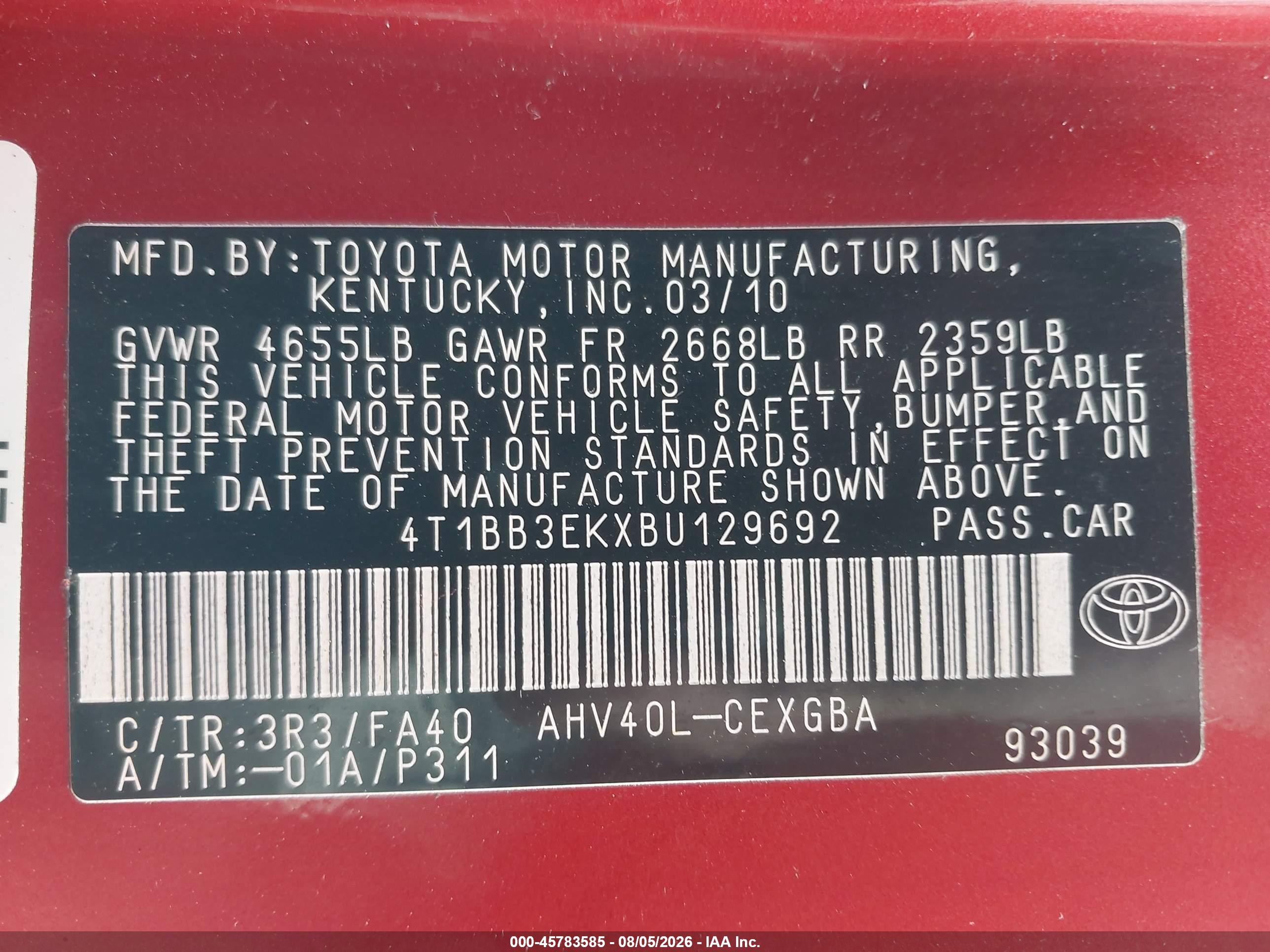 2011 Toyota Camry Hybrid   Red vin: 4T1BB3EKXBU129692