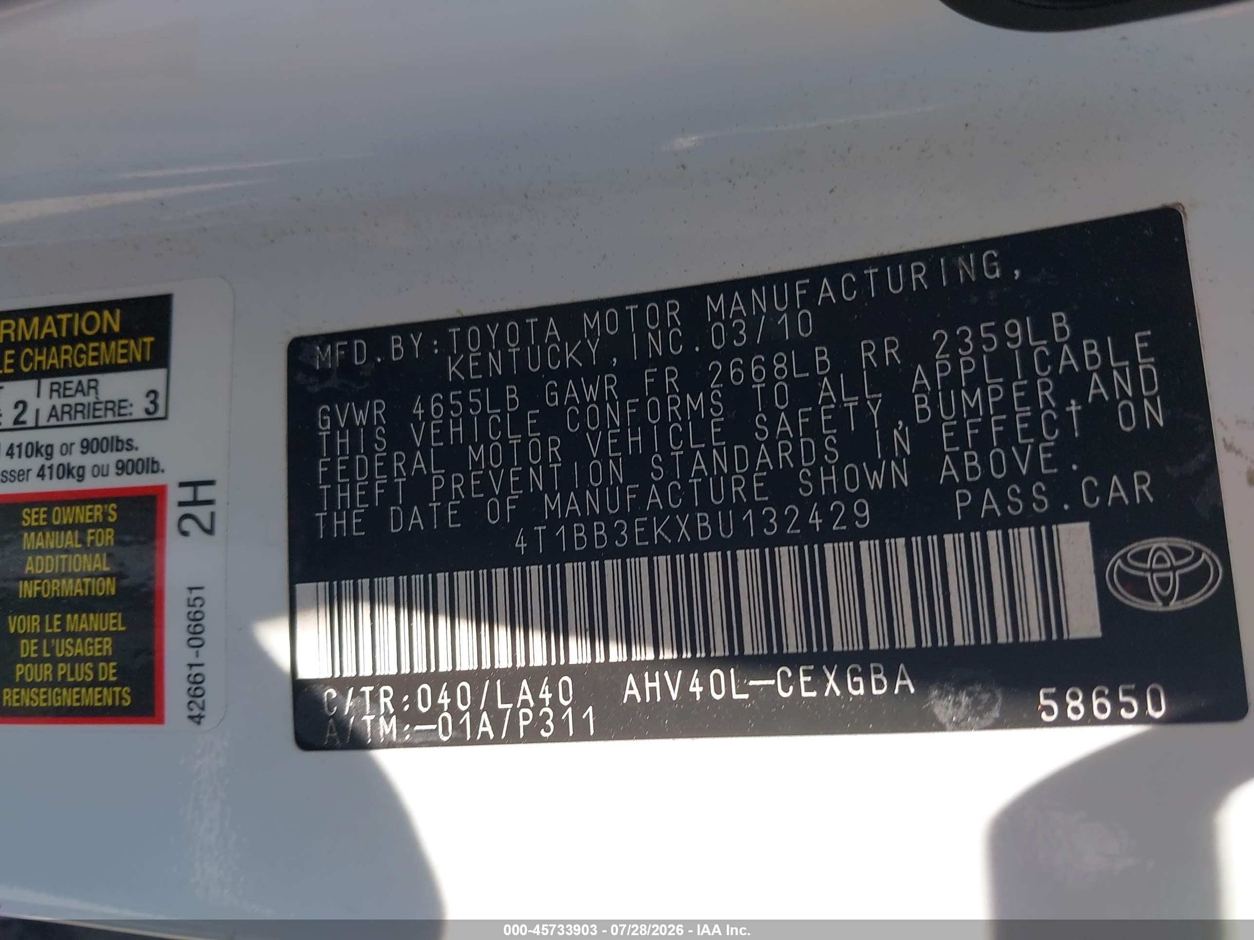 2011 Toyota Camry Hybrid   White vin: 4T1BB3EKXBU132429