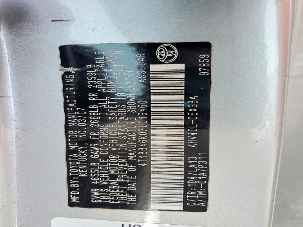 2007 Toyota Camry Hybrid Base Silver vin: 4T1BB46K07U016460