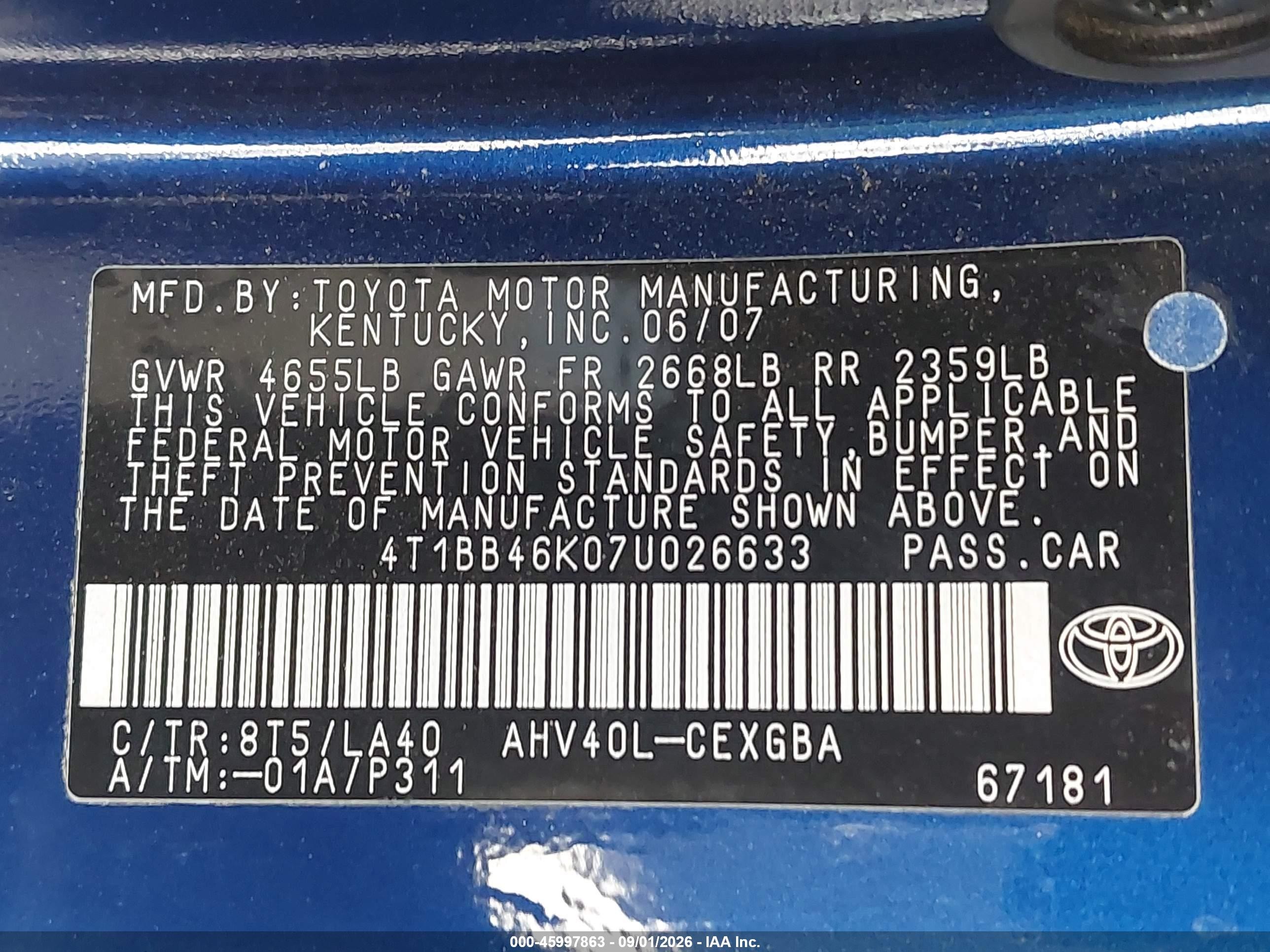 2007 Toyota Camry Hybrid   Dark Blue vin: 4T1BB46K07U026633