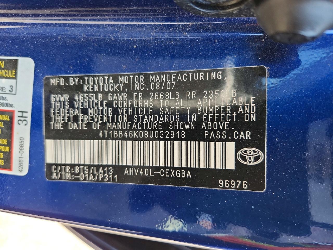 2008 Toyota Camry Hybrid Blue vin: 4T1BB46K08U032918